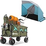Beach Wagon with 5ft Beach Umbrella Tent, Collapsible Wagon Cart with Big All-Terrain Wheels, Easy to Open&Storage, Perfect for Sand, Holiday, Vacation, Camping and Sports Events
