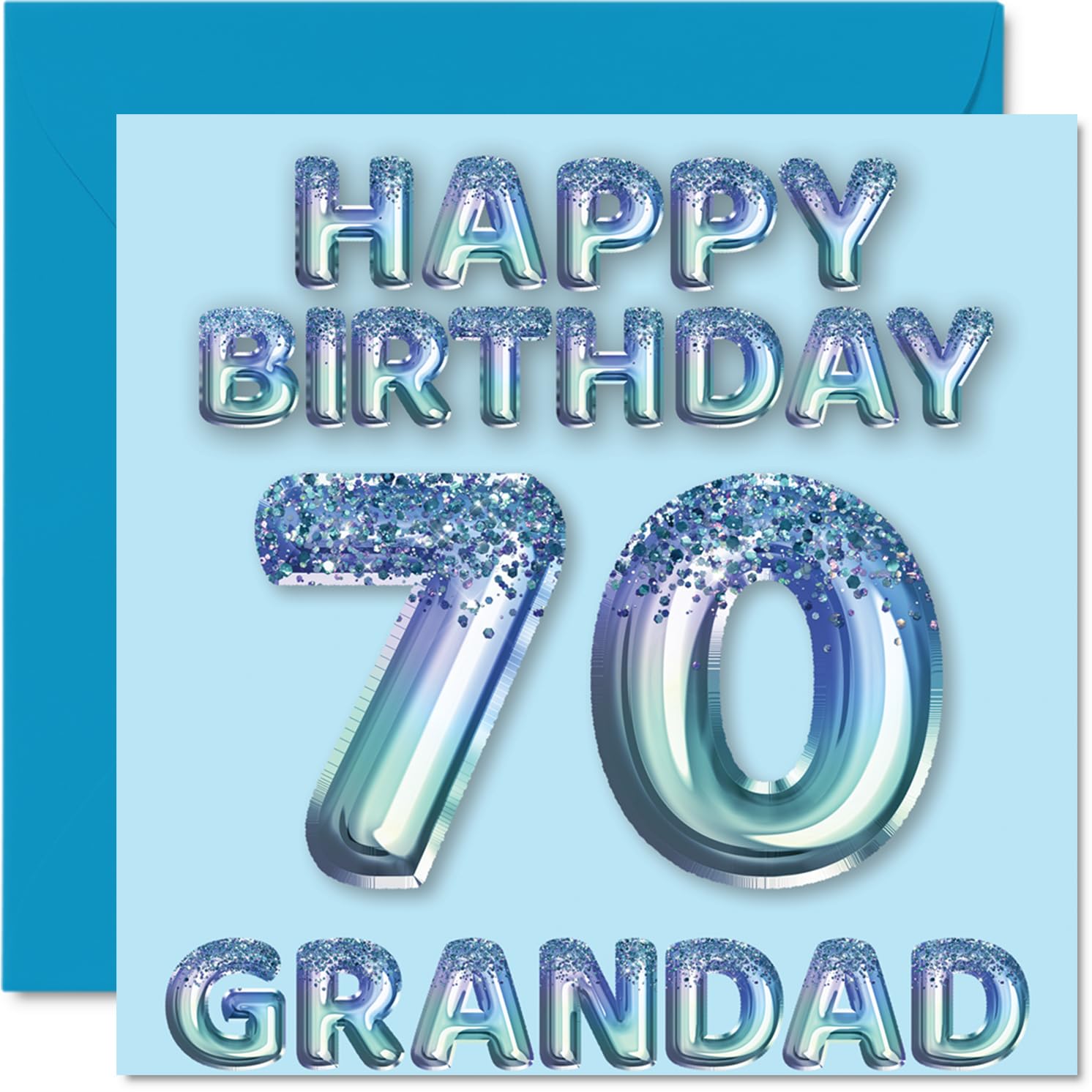 70th Birthday Card for Grandad, Blue Glitter Party Balloons