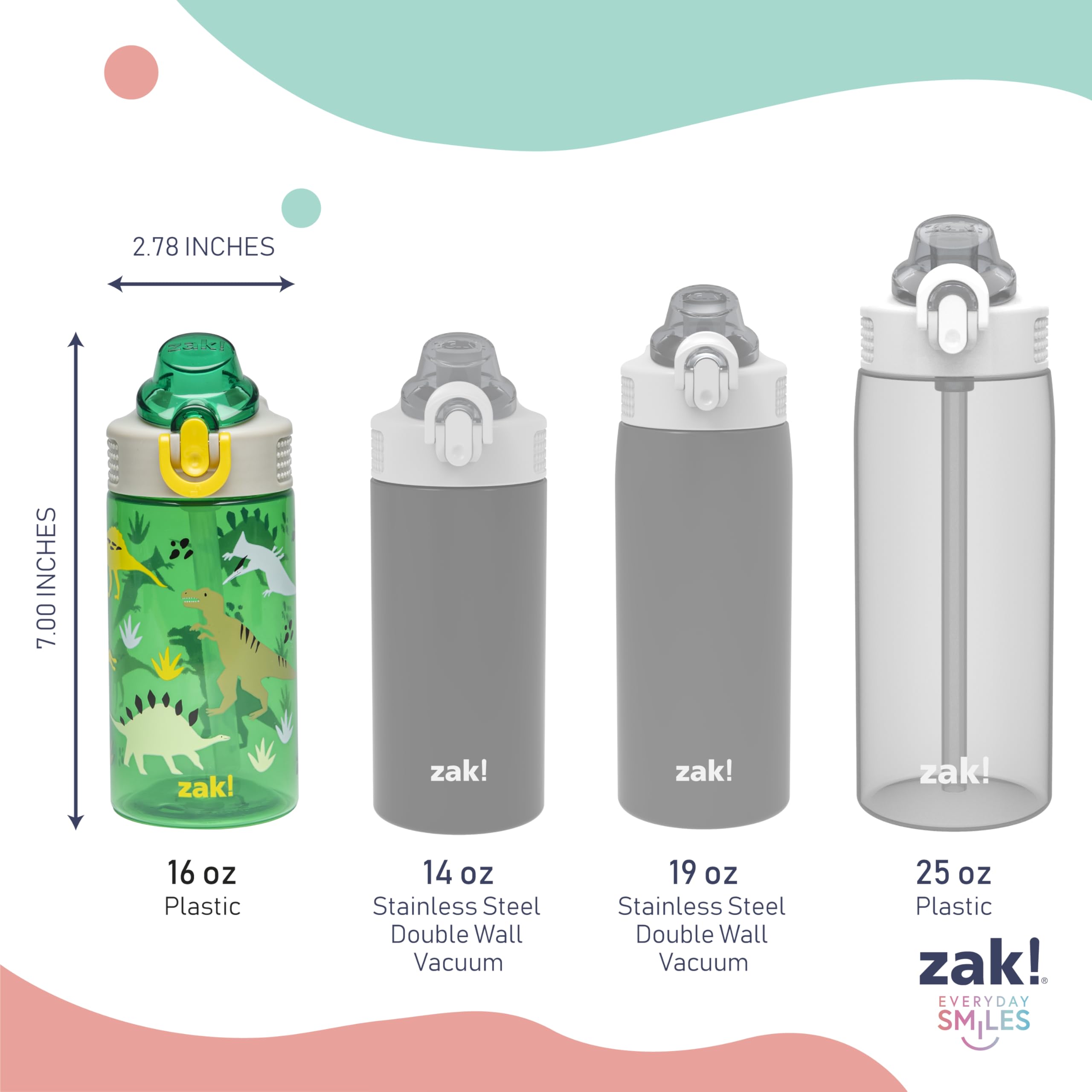 Zak Designs Sage Kinder-Wasserflasche für Schule, Reisen oder zu Hause, 473 ml, langlebige Kunststoff-Wasserflasche mit Strohhalm, Griff und auslaufsicher, Pop-Up-Auslaufabdeckung (Dino)