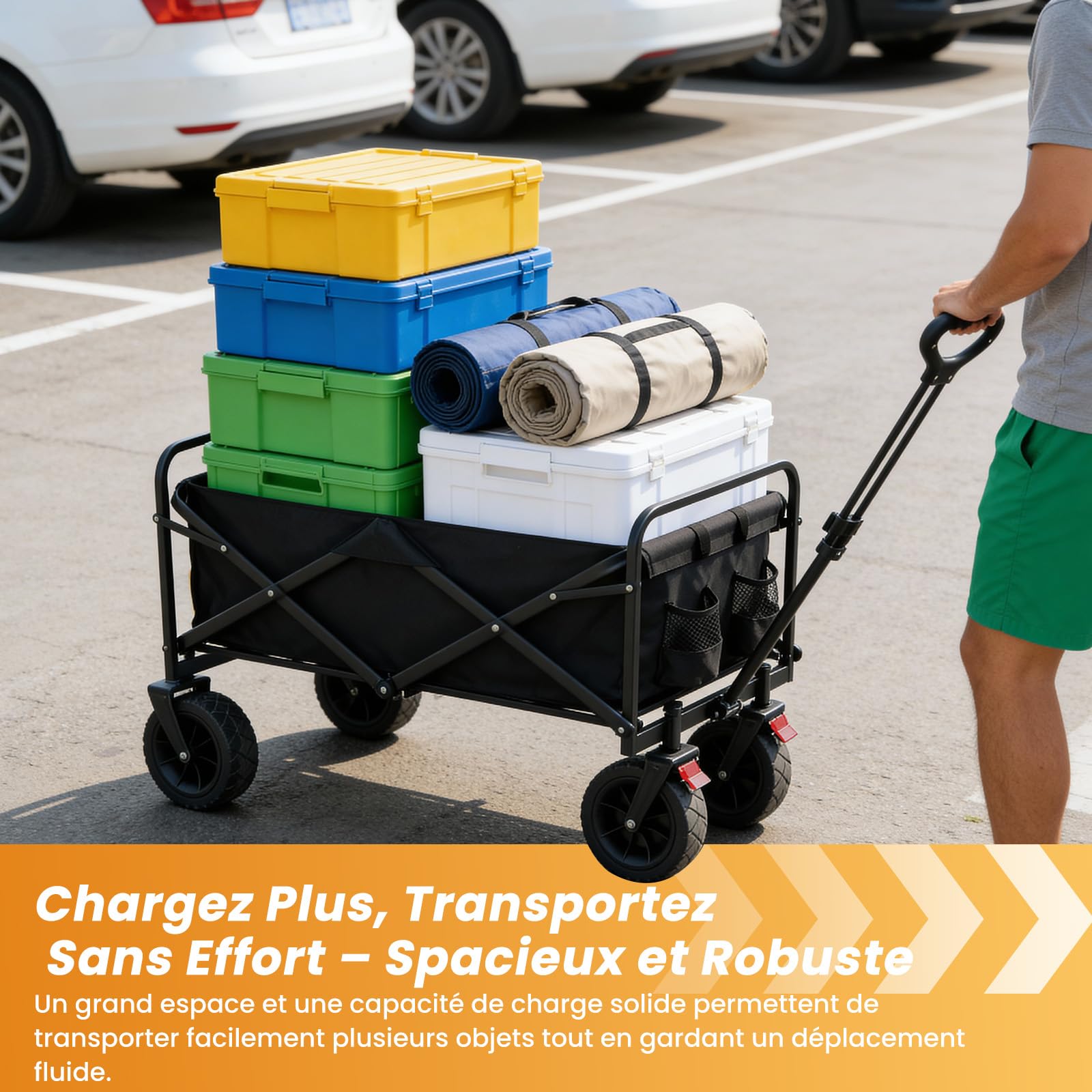 Palawano 150L Chariot Pliable à roulettes, Chariot Pliant de Transport Tout Terrain pour Camping Plage et Jardin, Chariot de Peche avec Freins et Poignée Réglable