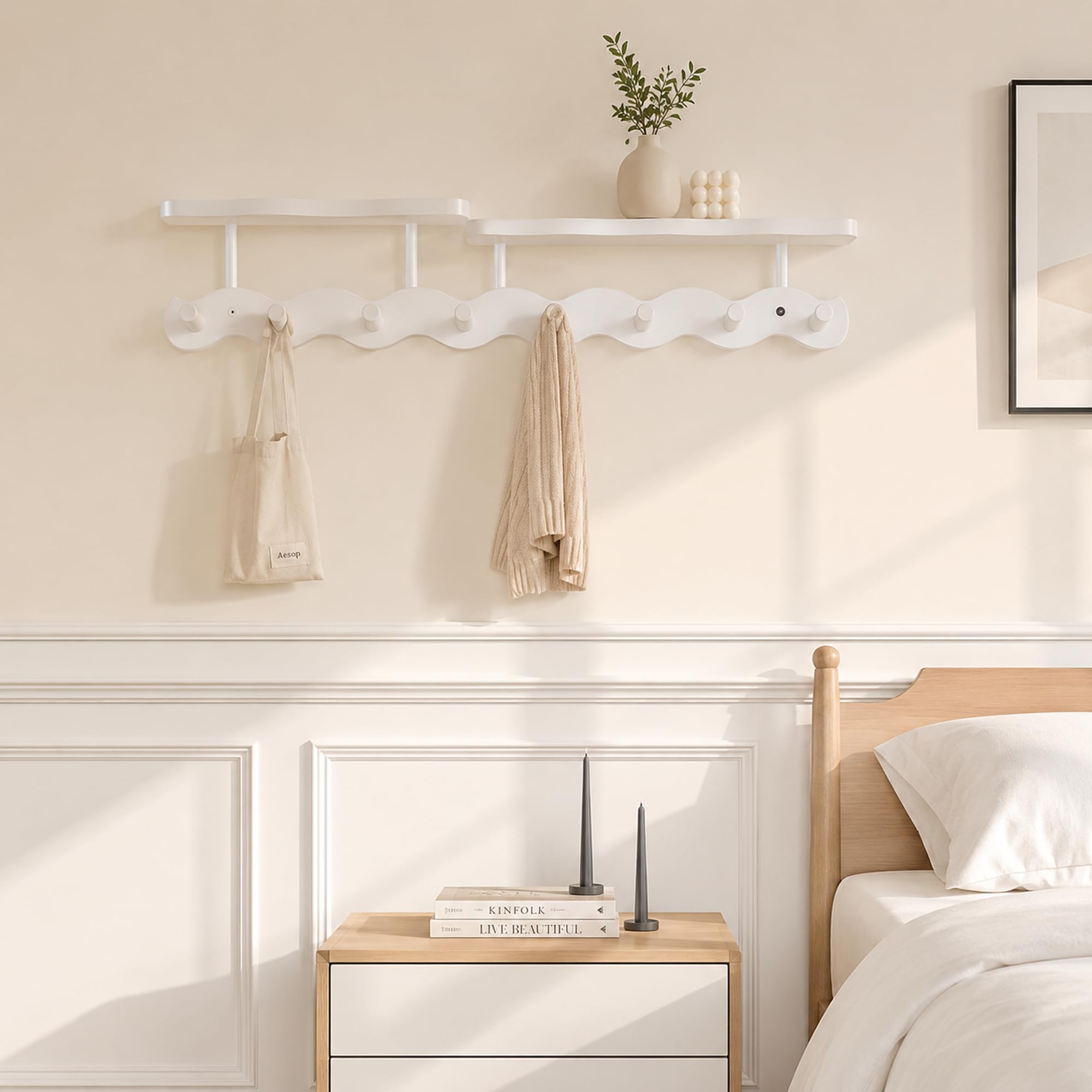 Wandgarderobe mit Ablage, Wandgarderobe, garderobenleiste weiß, Garderobenleiste mit 8 Haken für Flure, Hakenleiste Garderobe für Eingang, Flur, Wohnzimmer und Schlafzimmer (72cm)