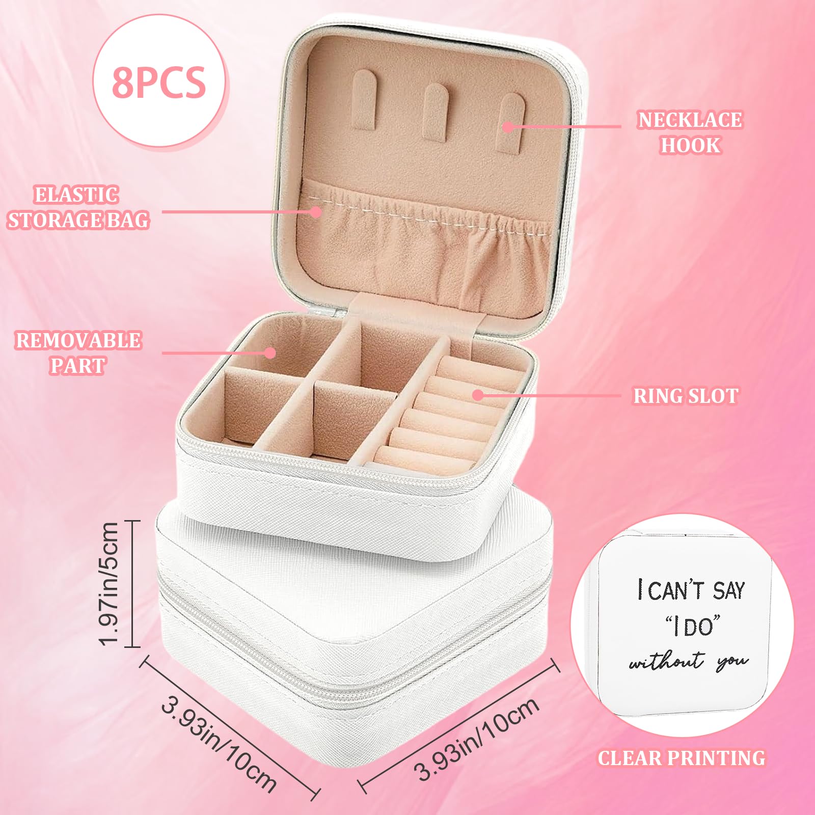 8 Pack Small Jewelry Box Bridesmaid Proposal Gifts, Pu Leather Potable Travel Jewelry Case Bridesmaid Gifts, Rings Necklaces Earrings White Storage Box for Women Bridal Shower Engagement Wedding