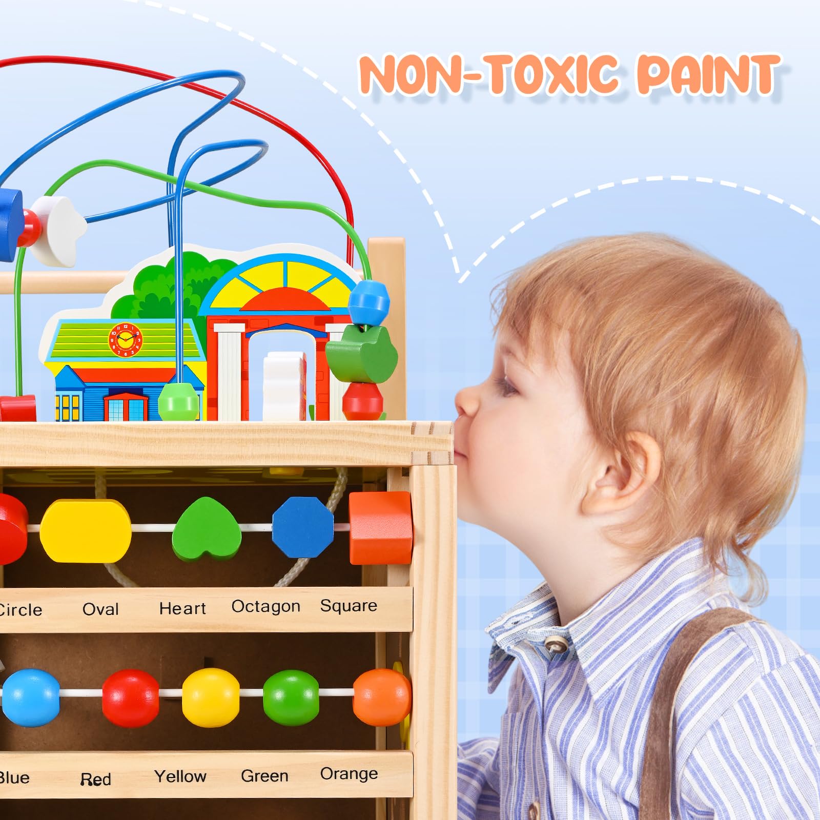 Andador de madera para bebés, andador multifuncional con 5 actividades, mango ajustable, estructura triangular estable, juguete educativo para niños pequeños a partir de 1 año