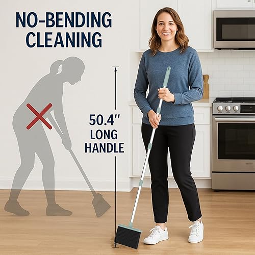 Miniatura 2 de Juego combinado de escoba con recogedor  Juego de escoba y recogedor de mango largo de 52 pulgadas con dientes autolimpiantes, bandeja para polvo de