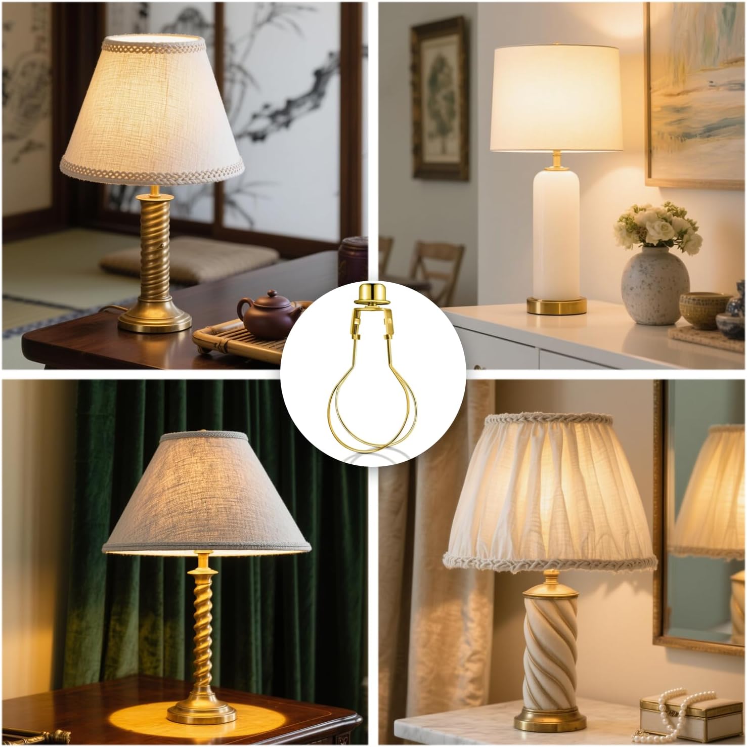 Lamp Shade Light Bulb Clip Adapter, 2 Pack Lampshade Holder Include Finial and Leveller to Securely Fit Lamp Shades, Clip-On Lampshade Adapter for Table, Floor & Antique Lamps (Gold)