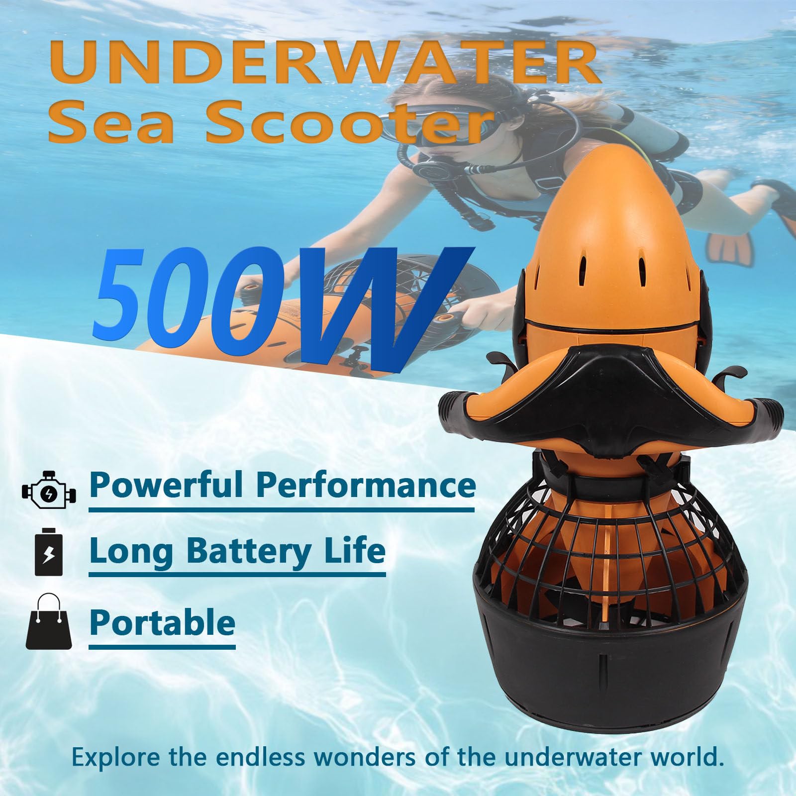 Monopattino subacqueo con Motore 500W, 22m di profondità Massima & Controllo velocità Variabile, per Piscina Immersioni Snorkeling Attrezzatura Sportiva 1Battery