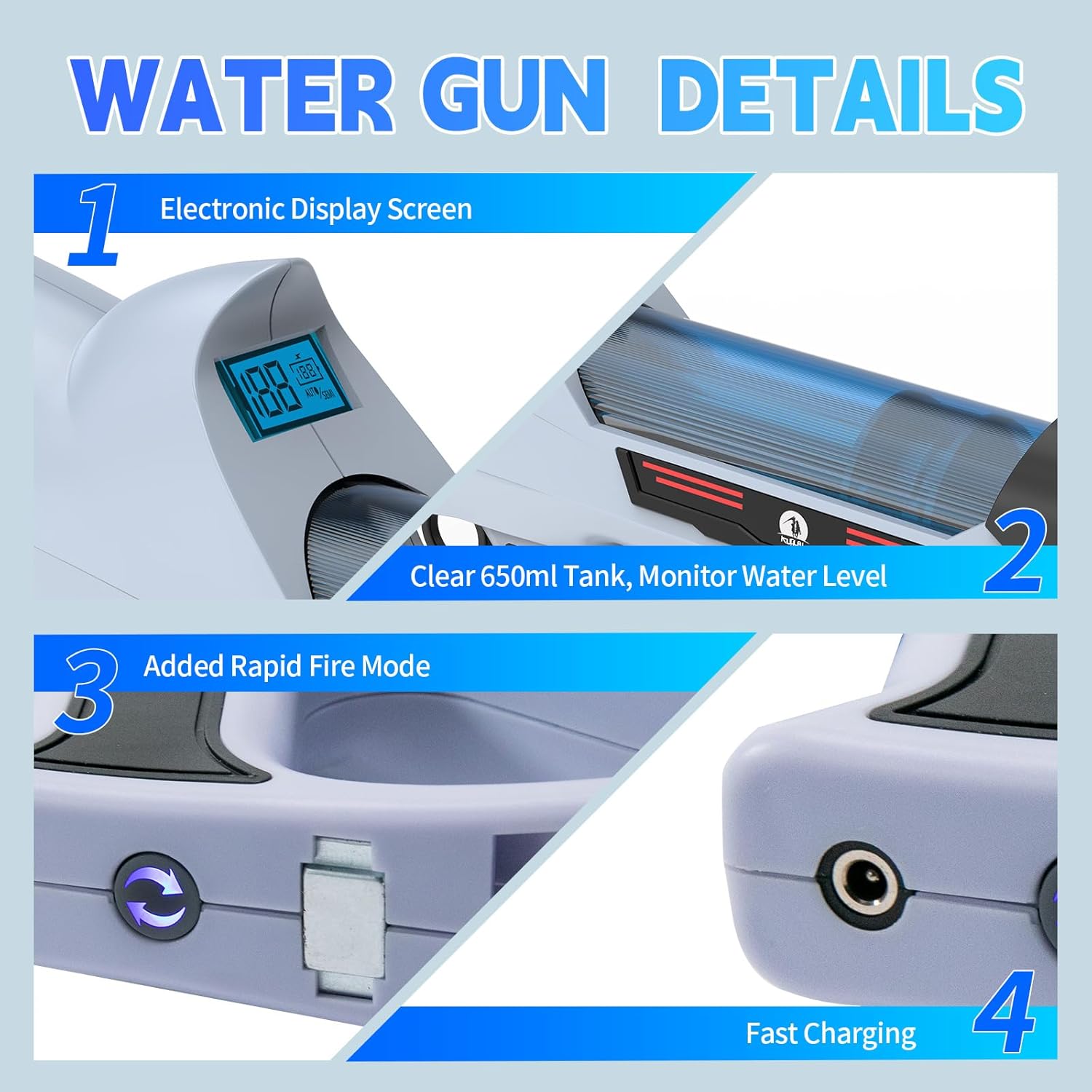 Electric Water Guns for Adults & Kids Water Blaster Squirt Guns Auto Suction, Over 800 Blasts Soaker Water Gun High Powered Up to 32.8 FT for Summer Beach Pool Backyard Outdoor Toys (Shark Silver)