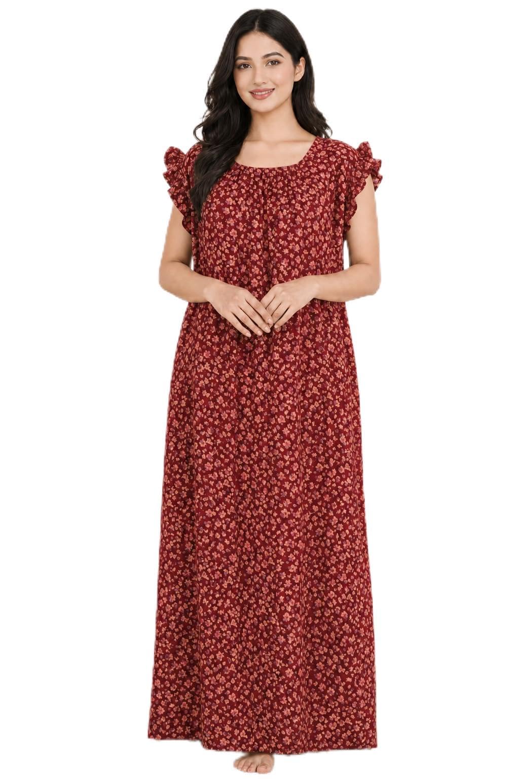 bahumaan Pure Cotton Nighty for Women with Flutter Sleeves | Floral Gown for Women Night Wear with Pocket | Cotton Nighty for Women Stylish | Maxi for Women Cotton-picture-29