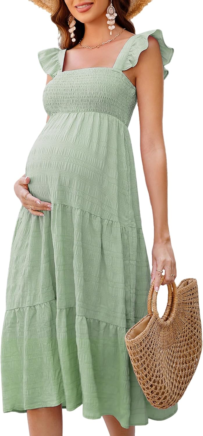 Maternity Dress Square Neck Ruffle Strap Smocked High Waist Midi Casual Summer Baby Shower Dress