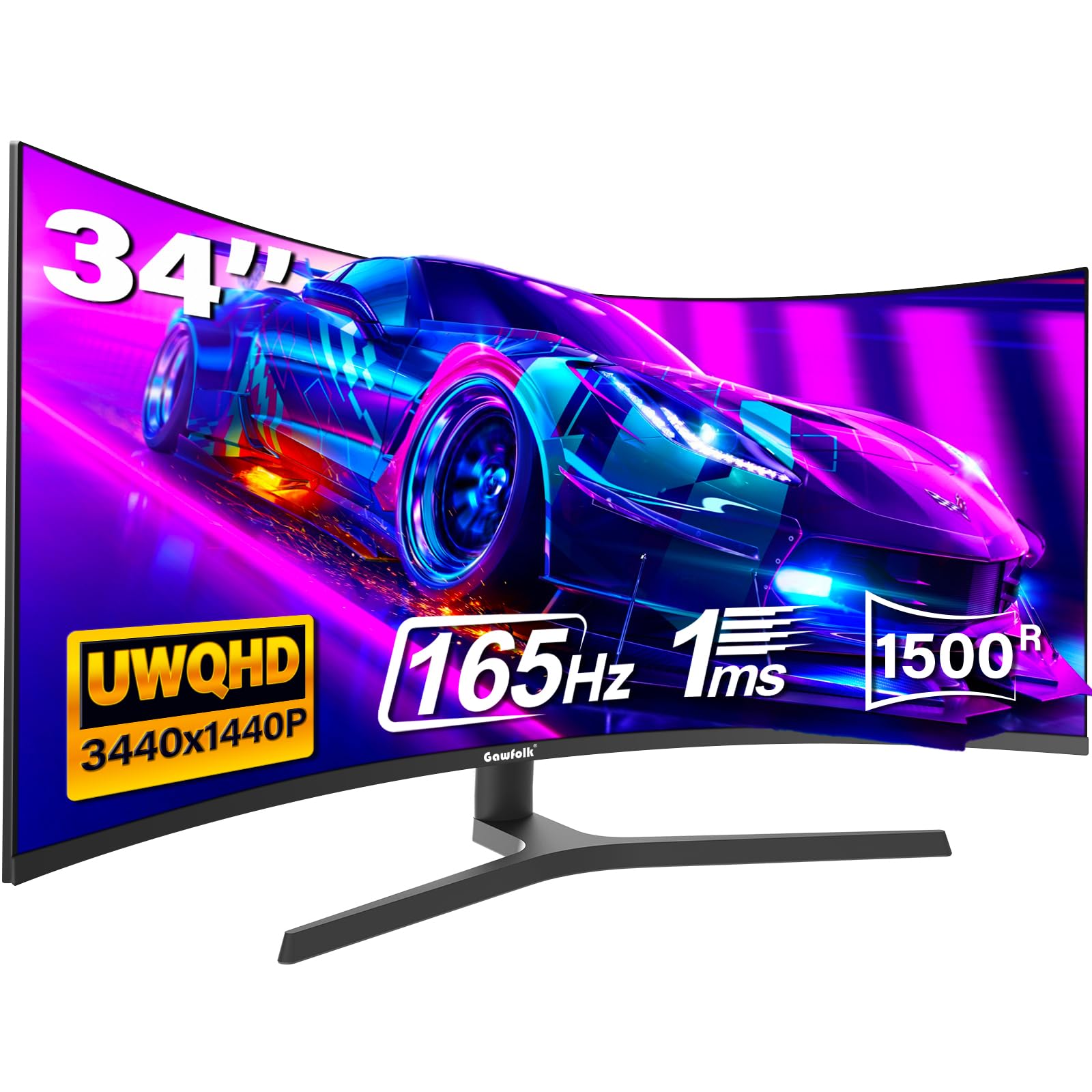 Gawfolk 34 Zoll Ultrawide Curved Gaming Monitor 165Hz, 1500R PC Bildschirm UWQHD 3440x1440 mit Höhenverstellung, Gebogenes Computerbildschirm, VA, Displayport, HDMI, unterstützt VESA 75 x 75 mm