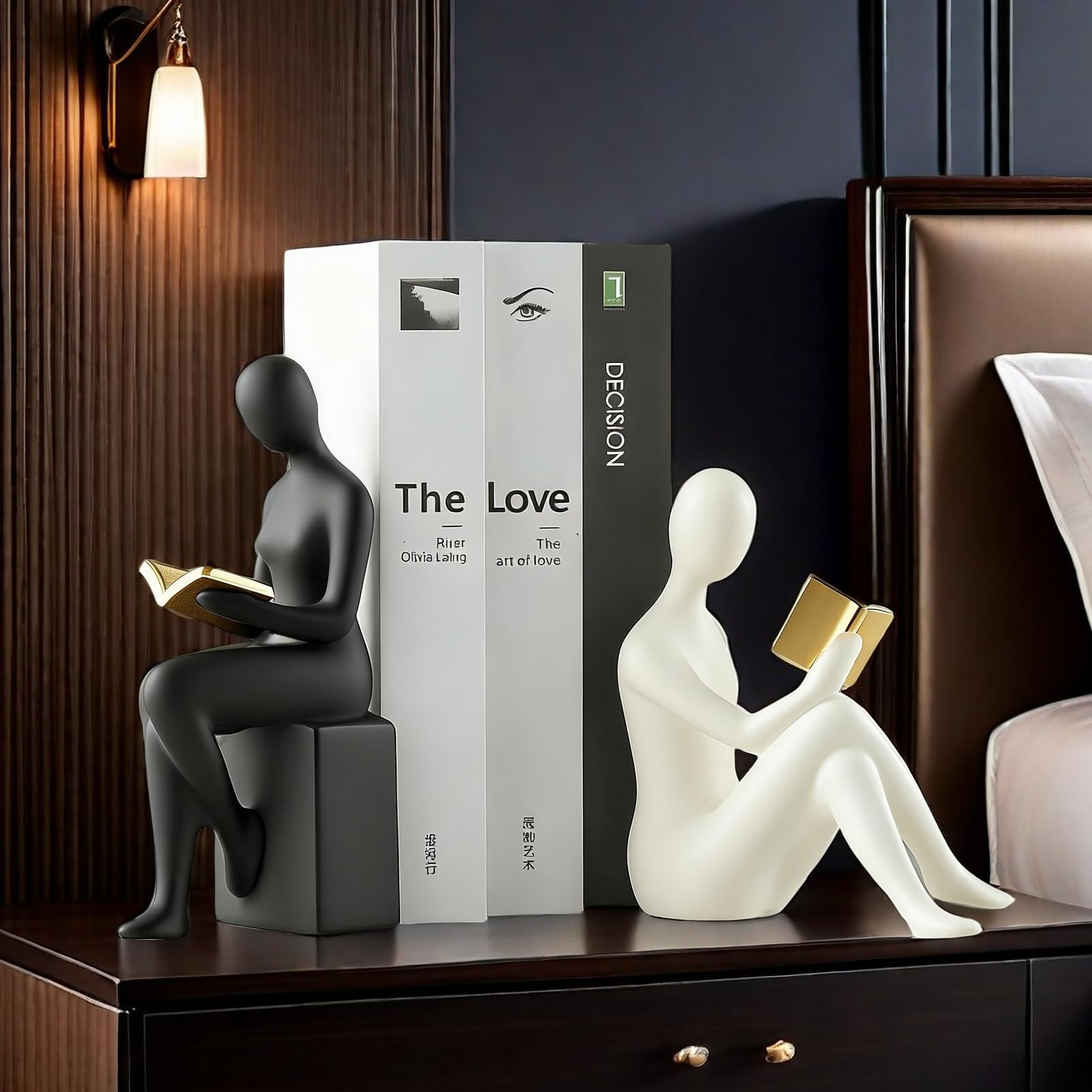 Fermalibri decorativi per la casa, con statua di donne e ragazze, elegante in resina, per libreria, ufficio, scrivania, fermalibri, set di 2 (bianco e nero)