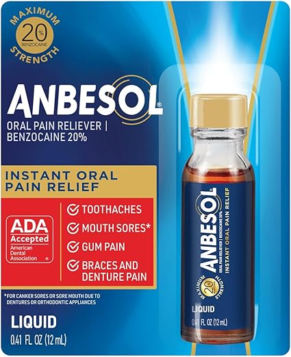 Anbesol Maximum Strength Liquid, Instant Oral Pain Relief For Toothaches, Mouth Sores*, Gum, Braces & Denture Pain, ADA Accepted, 0.41 oz