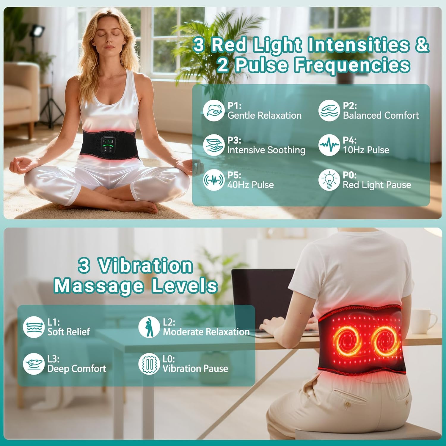 Red Light Therapy Belt for Back & Abdomen, 5000mAh Cordless Infrared Waist Wrap, 10Hz/40Hz Pulse, 3 Red Light & Vibration Modes, Muscle Recovery, Circulation Support, Post-Workout & Office Use