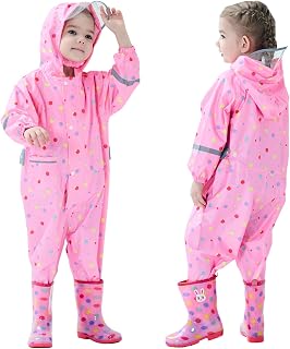 Toddler Kids Rain Suit Girls Boys One Piece Raincoat Waterproof Coverall Lightweight Rainwear Rain Jacket 1-10 Years