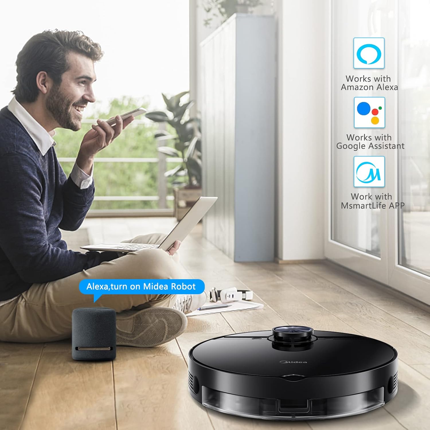 A person using a smartphone to control the Midea M7 Robot Vacuum, with icons for Alexa, Google Assistant, and M Smartlife APP visible.