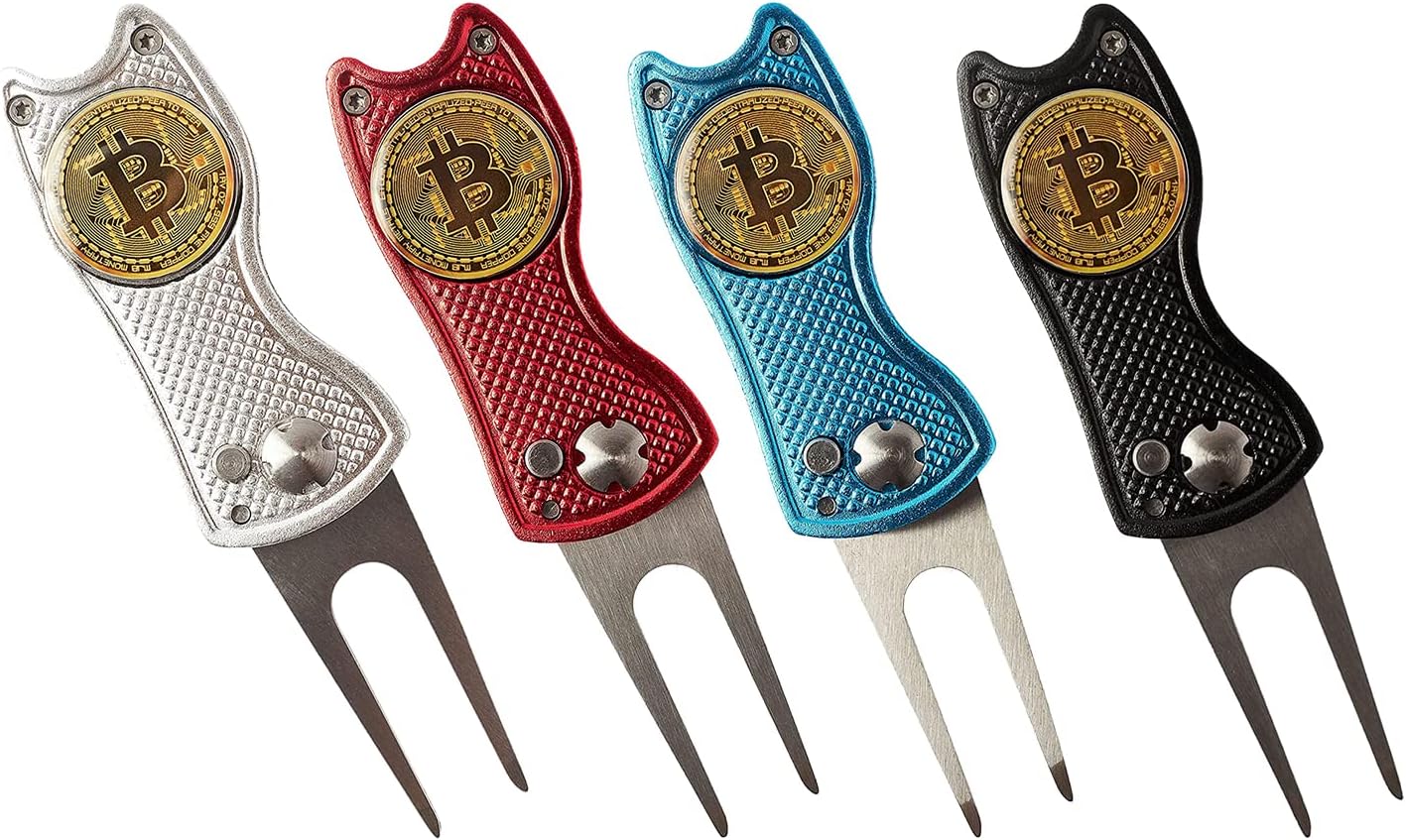Bitcoin Golf Divot Repair Tool, All-Metal Golf Accessories - 3- in-1 Golf Multitool (Divot Tool, Ball Marker, Club Holder) - Red, Blue, Black & Silver