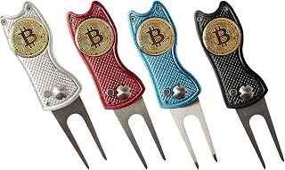 Bitcoin Golf Divot Repair Tool, All-Metal Golf Accessories - 3- in-1 Golf Multitool (Divot Tool, Ball Marker, Club Holder) - Red, Blue, Black & Silver