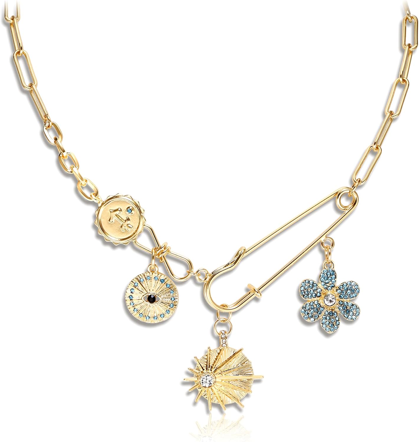 FANZE Charm Evil Eye Pendant Necklace for Women, Crystal Rhinestone Chunky Gold Paperclip Chain Adjustable, Engraved Round Coin Flower Starfish, Dainty Luck Amulet Jewelry Gift