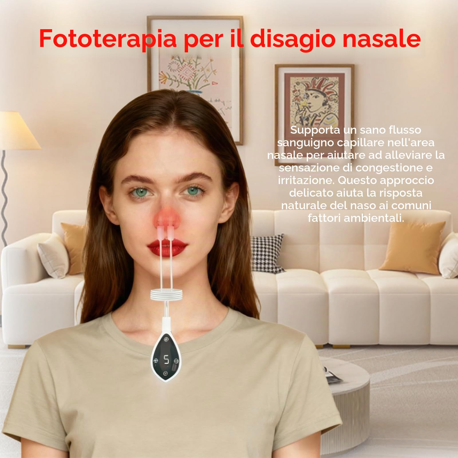 Terapia nasale a luce rossa da 650 nm, dispositivo laser per la salute nasale, 5 livelli di intensità, ricaricabile e portatile, 4 naselli in silicone per un comfort ottimale