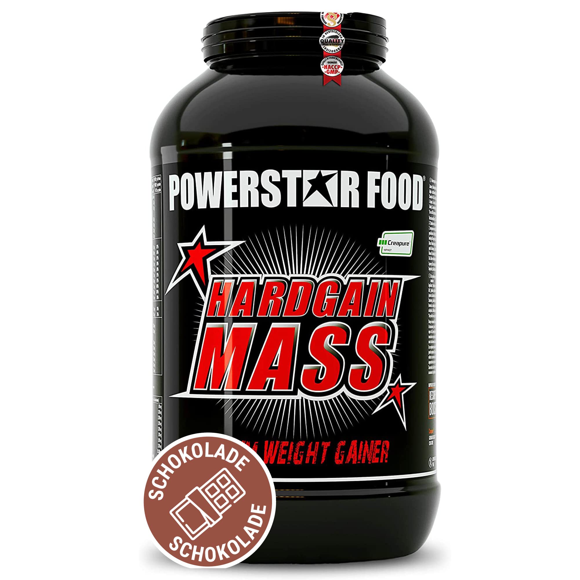 Powerstar HARDGAIN MASS 3600g | WEIGHT GAINER mit Kreatin & ohne Zucker-Zusatz | Masse, Kraft & schneller Muskelaufbau | Deutsche Herstellung | Mass Gainer Shake zum Zunehmen | Chocolate