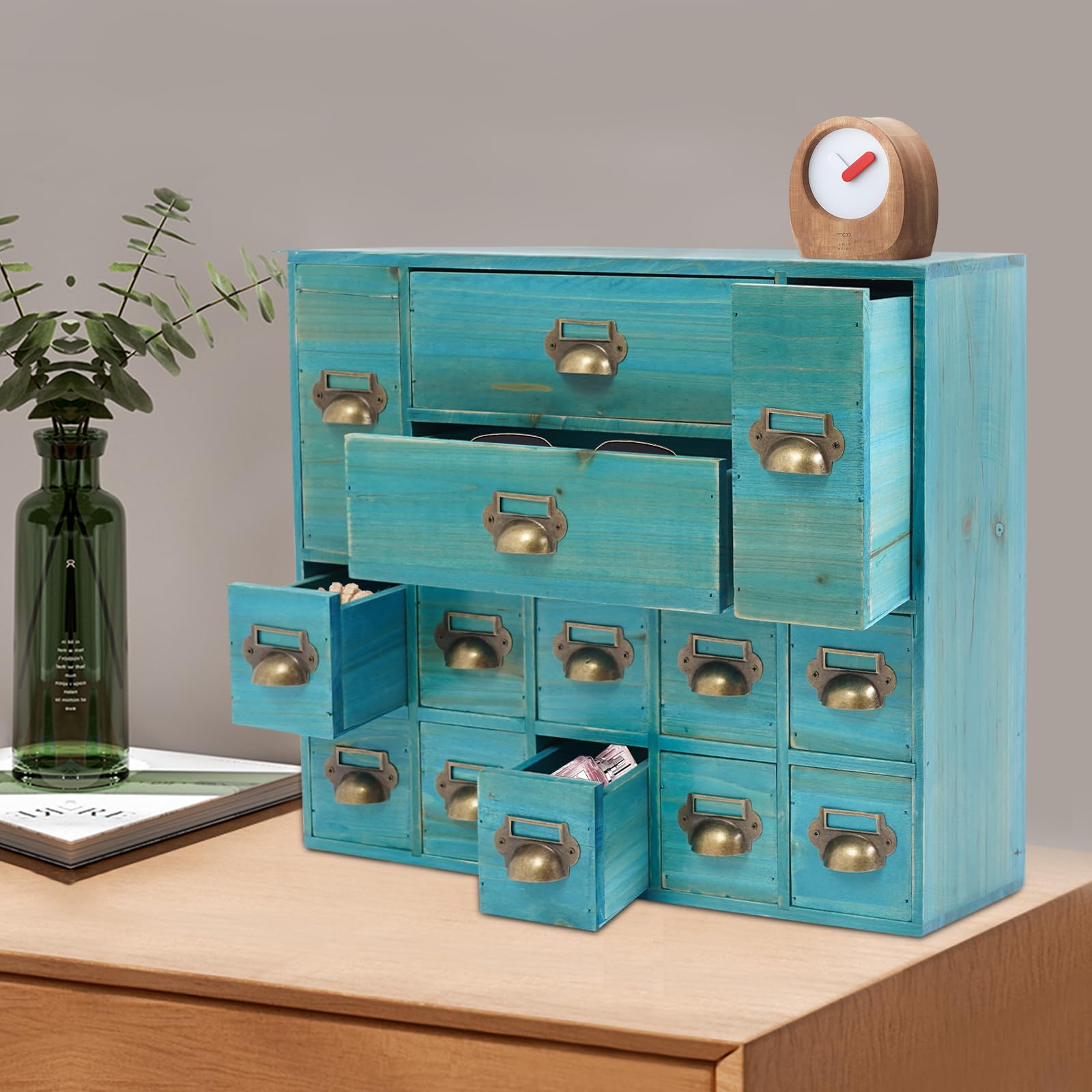 Cassettiera in legno, da scrivania, con 14 cassetti, per ufficio, scuola, cancelleria, 53 x 16 x 42,4 cm (blu)