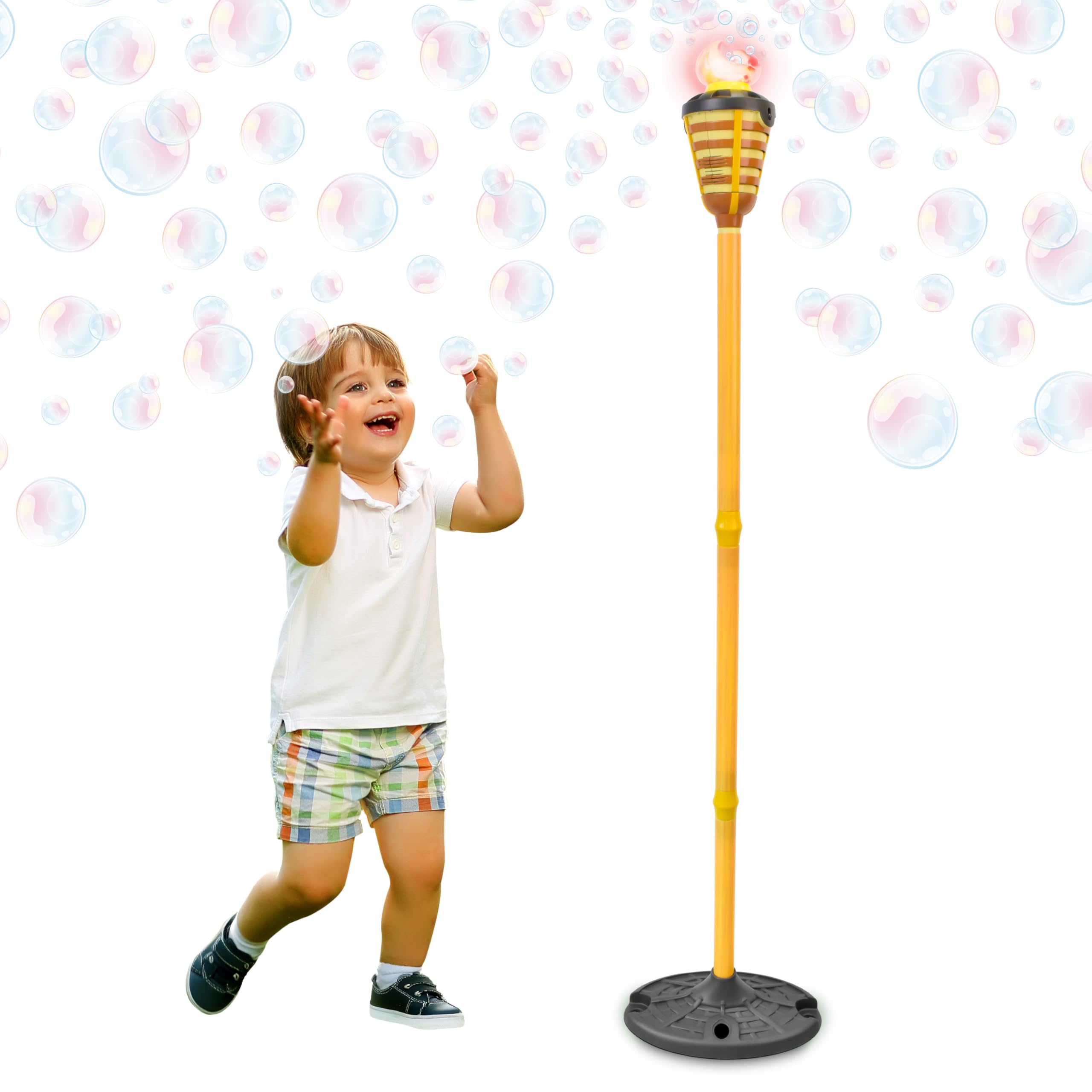 Tiki Torch Bubbler - Bubble Machine with Lights and Music, Bubble Blower and Wand, Rechargable Outdoor Toy for Kids Teens Adults, Includes 4oz Bubble Solution