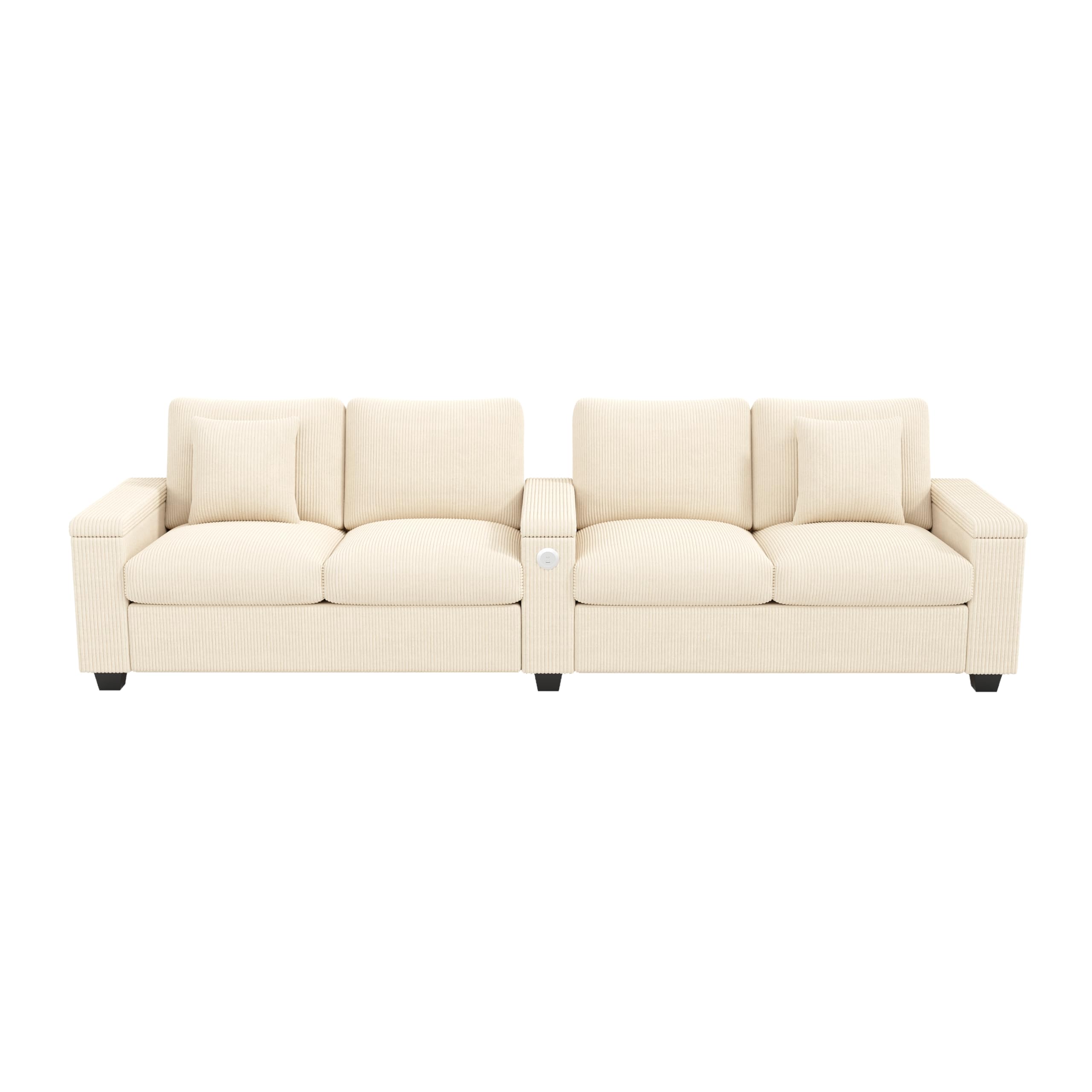Azkoeesy Divano Moderno a 4 Posti, Lunghezza 3 m, Velluto (Beige) | per Salotto e Ufficio, 2 Cuscini, Presa USB, 3 Braccioli con Cassetto, Sedute e Cuscini Lavabili e Sfoderabili