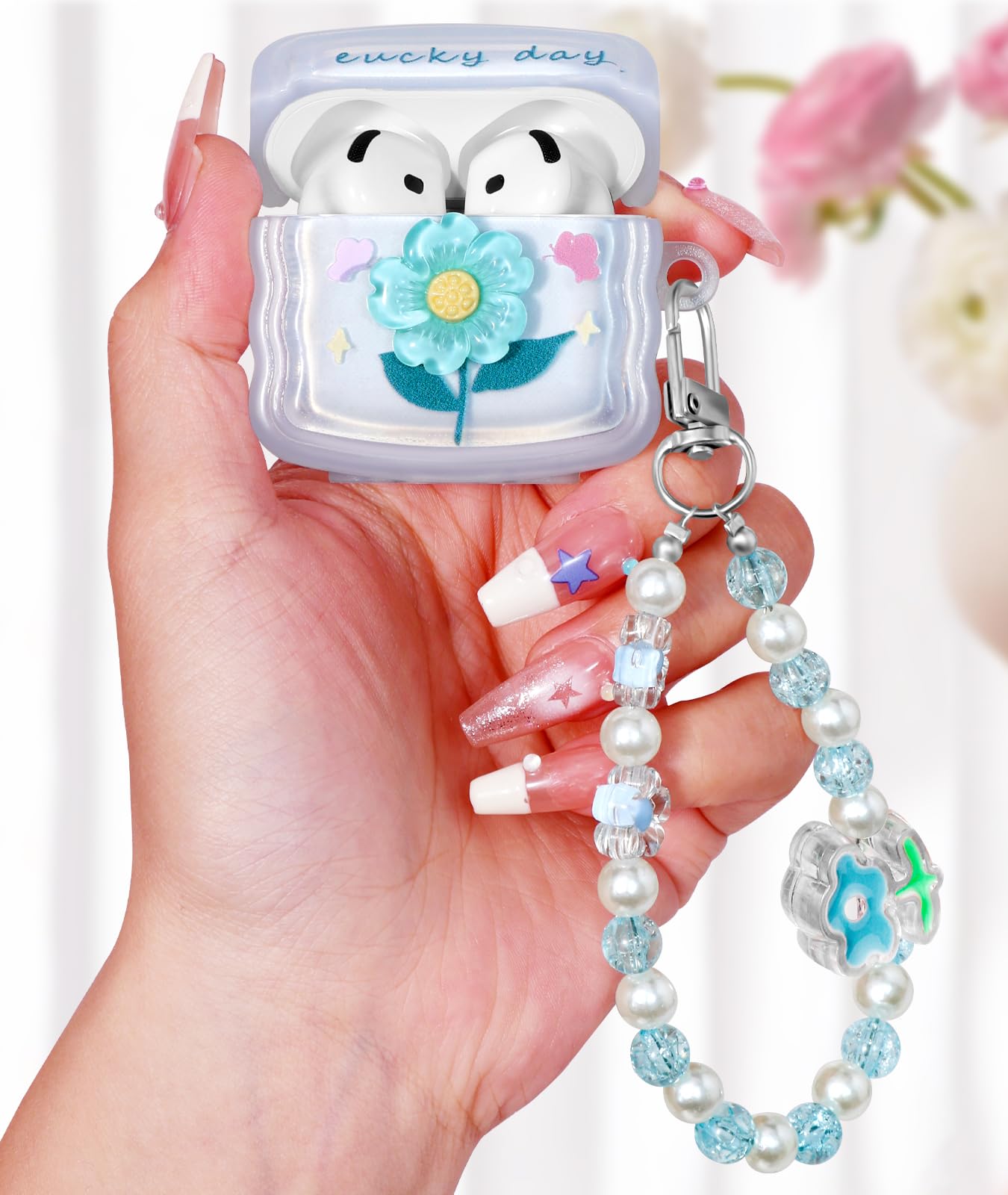 Boaretiu for Airpods 4 Case 2024 for Women Girls Girly Cute Kawaii - Girlish Stylish Shell BlueLittle Flower Design Cover with Carabiner and Kaychain