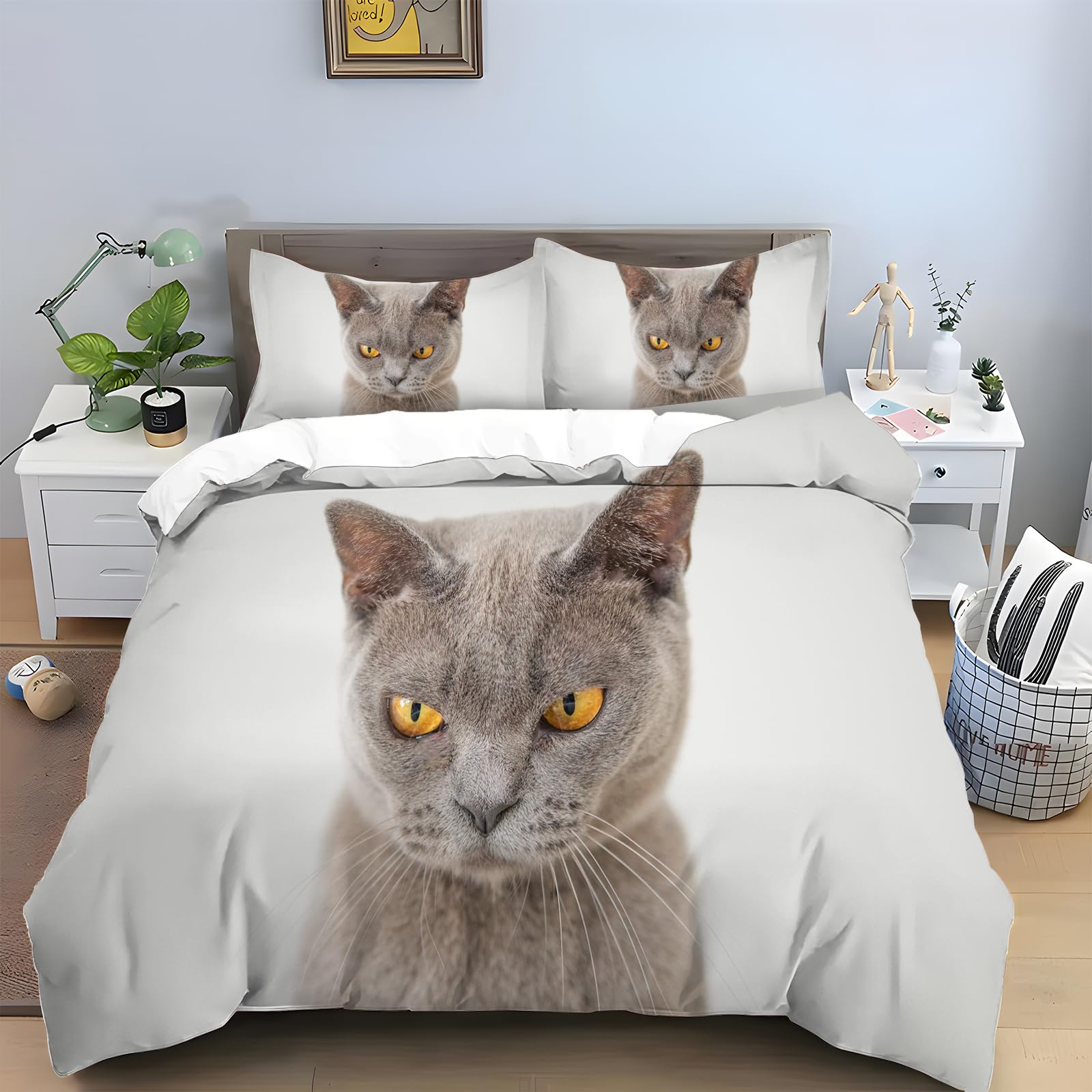 Szary kartel kot zestawy pościeli king size - wzór zwierzęcy poszewka na kołdrę + 2 poszewki na poduszki 48 x 74 cm, 110 g mikrofibra nadająca się do prania hipoalergiczna z zapięciem na zamek błyskawiczny