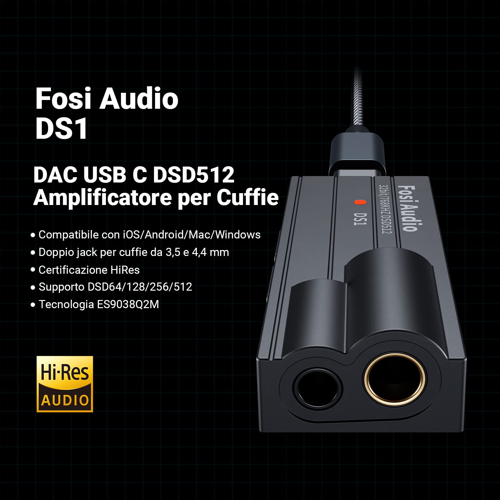 Fosi Audio DS1 DAC Amplificatore Cuffie USB C Hi-Res 32bit/768kHz Uscite Doppie 4,4/3,5mm 16-300Ω Portatile ESS ES9038Q2M