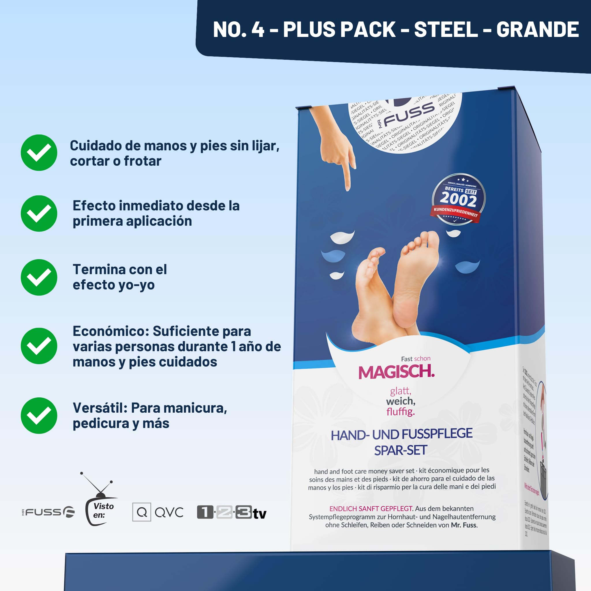Mr. Fuss® N.º 4 Plus Pack Steel - Eliminador de cutículas y cutículas (3 piezas, solución activa, suavizante rápido, 500 ml, algodón, raspador de acero inoxidable)