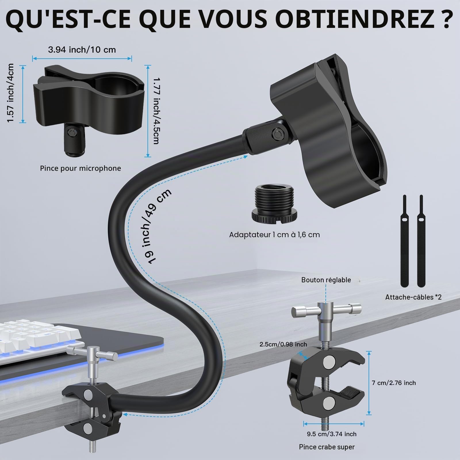ZealSound Bras de Microphone, Support de Micro Flexible de 48 cm avec Adaptateur 3/8" à 5/8",Bras de Bureau Réglable et Compact Compatible avec Blue Snowball,Razer Seiren, Shure SM58, SoloCast et Plus