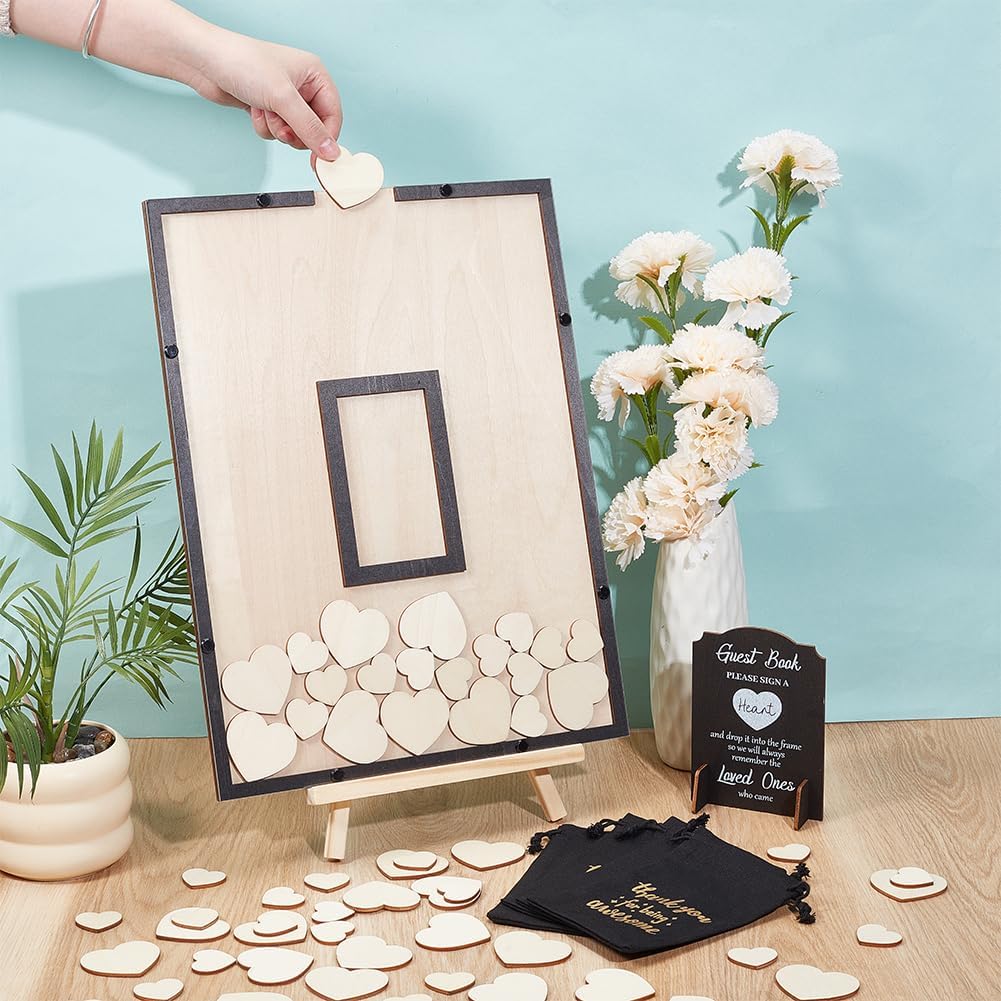 Wedding Guest Book Alternative, Guest Book Wedding Reception with 120Pcs Wooden Hearts 1Pc Black Guest Book Frame 4Pcs Drawstring Bags and Sticker for Anniversary Baby Shower Birthday