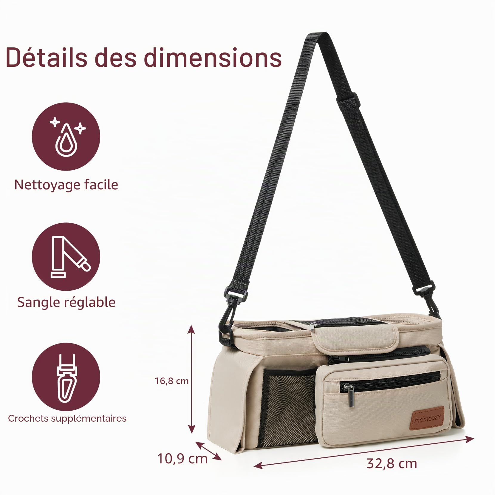 Organisateur de poussette universel avec porte-gobelet isolé, Momcozy Sac pour poussette Accessoires pour bébé avec poche zippée, bandoulière et espace de rangement pour couches&téléphones portables