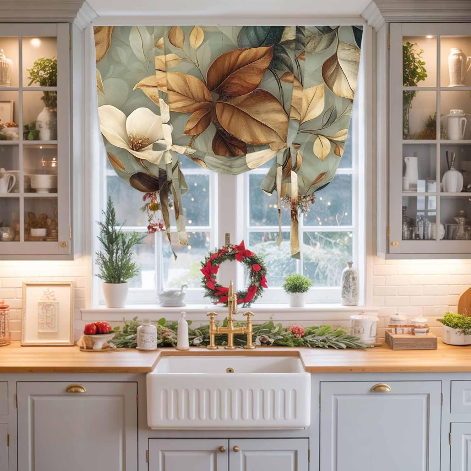 Boho Vintage Flower Tie Up Curtains for Windows 45 Inch Length Balloon Curtains Kitchen Adjustable Balloon Window Shade Farmhouse Botanical Floral Leaf Tie Up Valance Bathroom Curtain Window 34"x45"