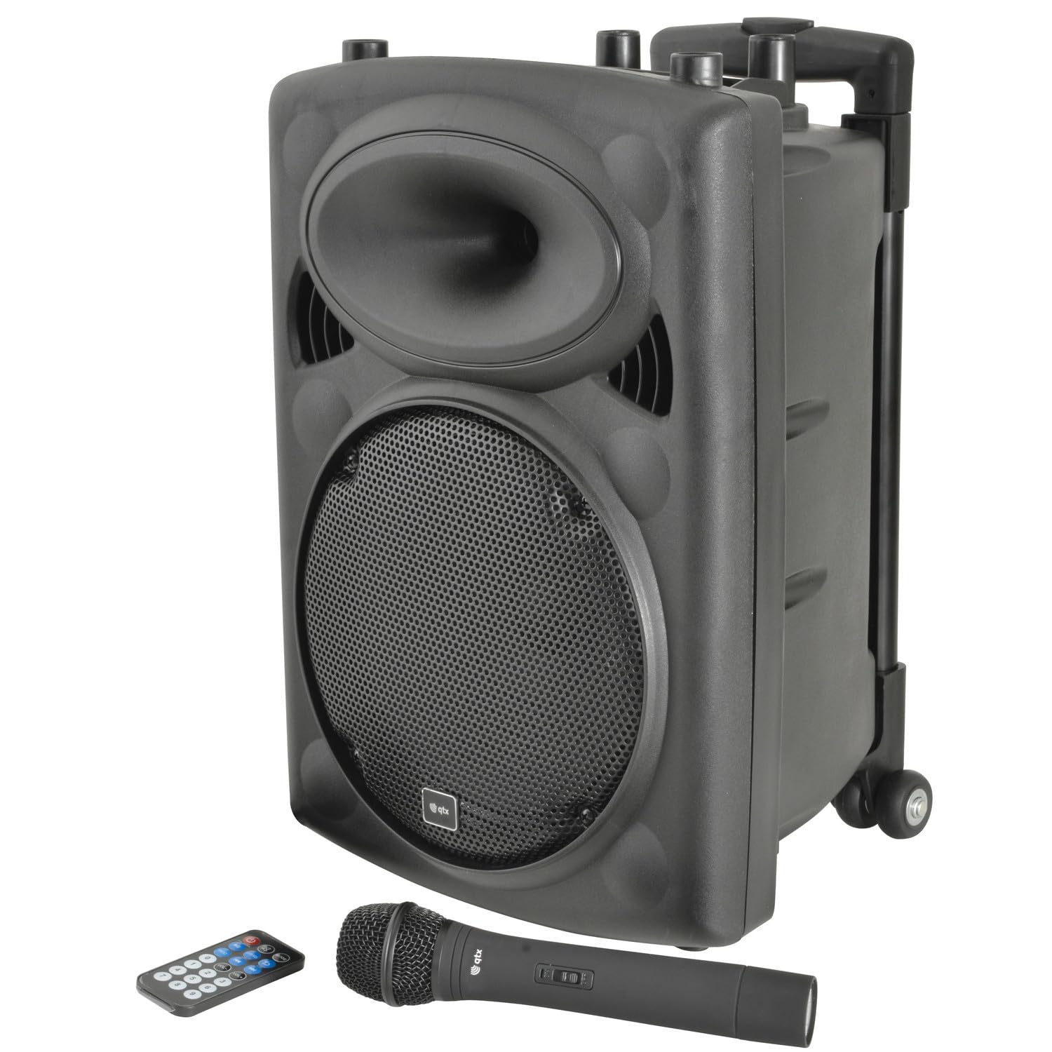 QTX | QR10PA Tragbares PA-Lautsprechersystem mit Bluetooth, TWS-Stereo, UHF-Funkmikrofon, USB/SD/FM-Media-Player, wiederaufladbarer Akku, Trolley, kompakter kabelloser Verstärker
