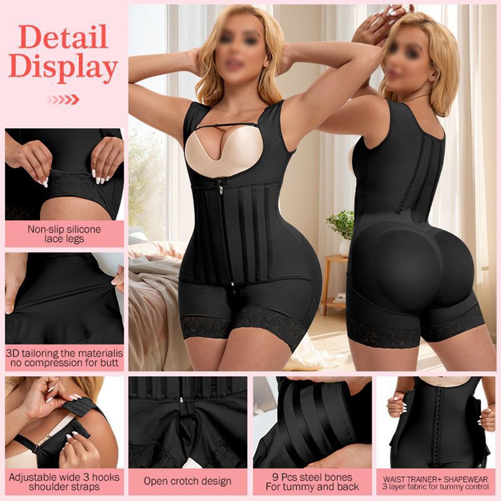 Gaine Compressive Post-opératoire BBL pour Femmes Gaine à 9 Baleines Body Post-opératoire Liposuccion, Buste Ouvert, Rehausseur de Fesses