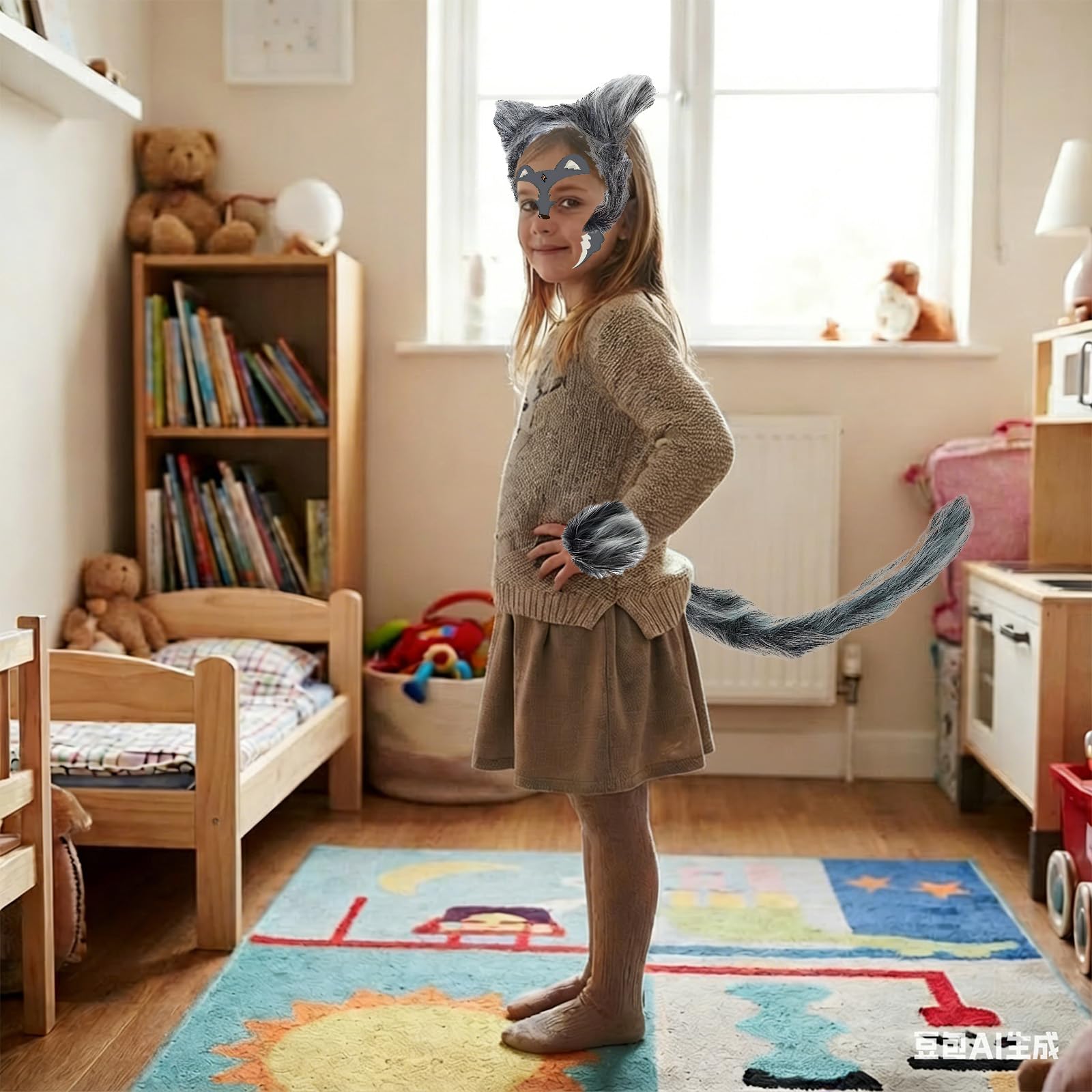 6 Pcs Grey Wolf Costume Accessories Set for Kids Adults Furry Wolf Ears Headband, Elastic Wrist Cuffs - Image 4