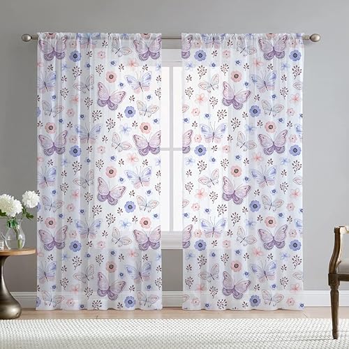 Miniatura 5 de Fereyis Cortinas traslúcidas naturales para ventana, elegantes flores blancas con estampado floral de primavera morada, ojales texturizados, cortina