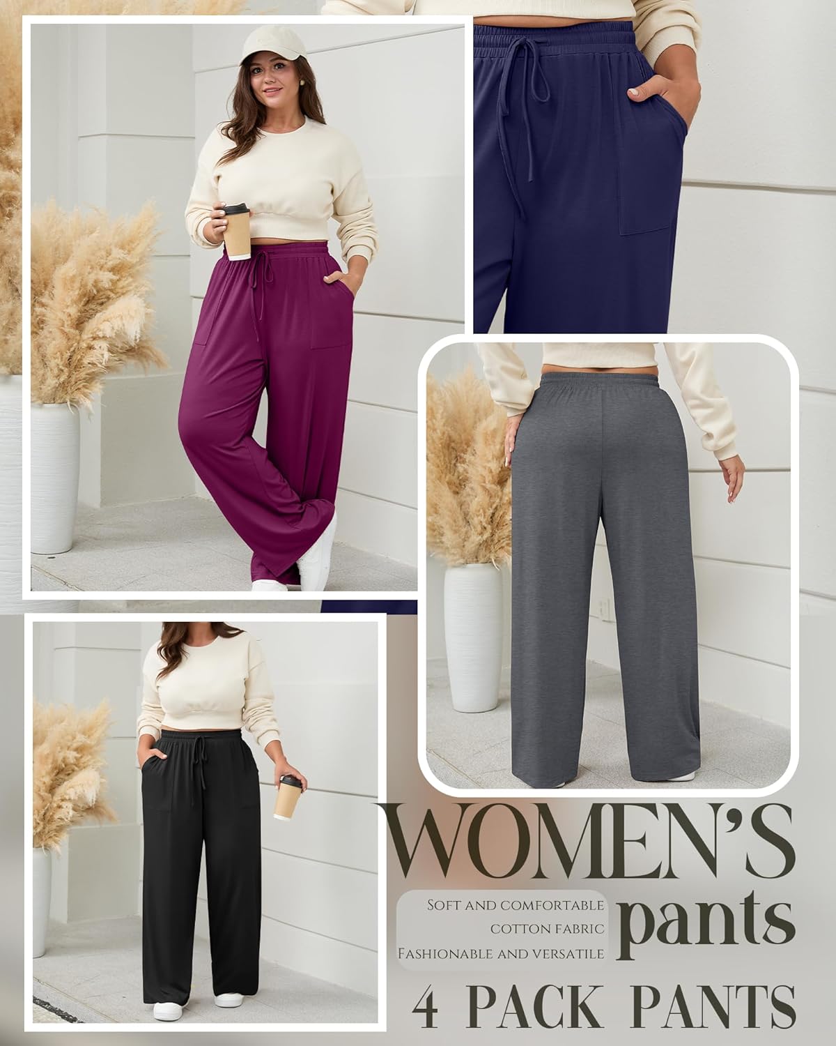 4 Pack Women Plus Size Pants Drawstring Yoga Pants with Pockets Baggy Wide Leg Sweatpants Lounge Palazzo Trousers - Image 6