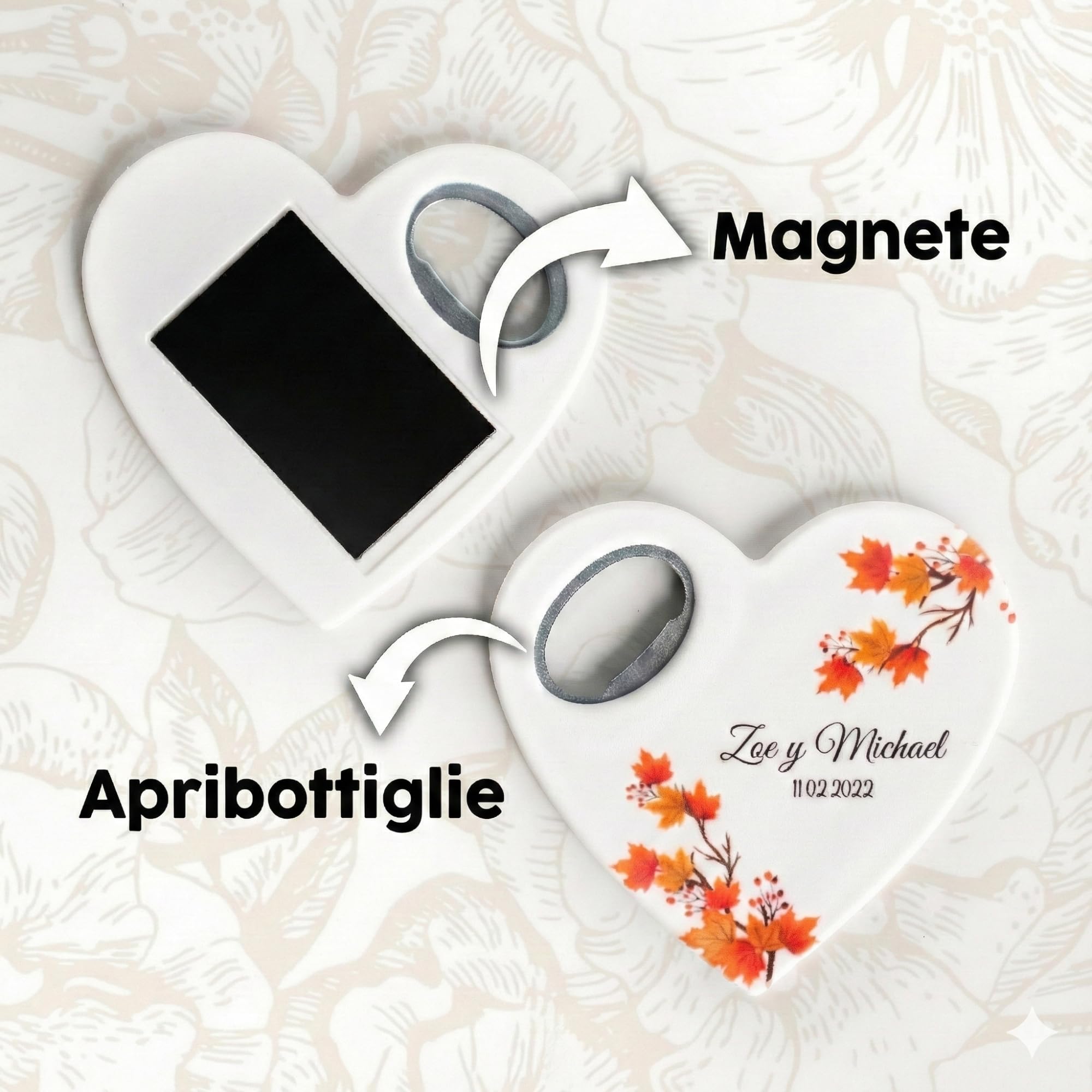 Bomboniere matrimonio personalizzate, calamita apribottiglie a forma di cuore con biglietto di ringraziamento, regalo per invitati e festa di (Apribottiglie + biglietto di ringraziamento)(Set da 30)