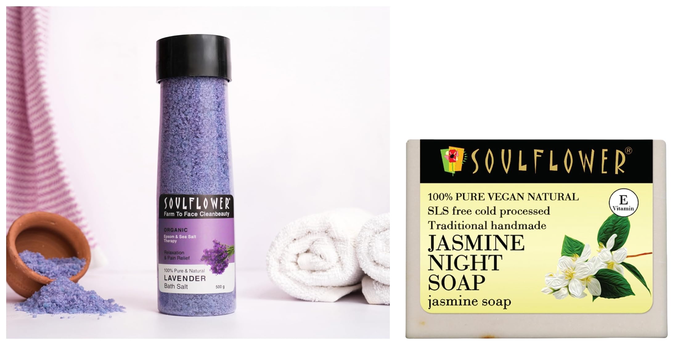 Soulflower Lavender Bath Salt for Body & Foot Spa Jasmine Handmade Soap | 100% Pure, Natural & Cold processed with Essential Oils, Exotic Herbs & Aroma, 150g