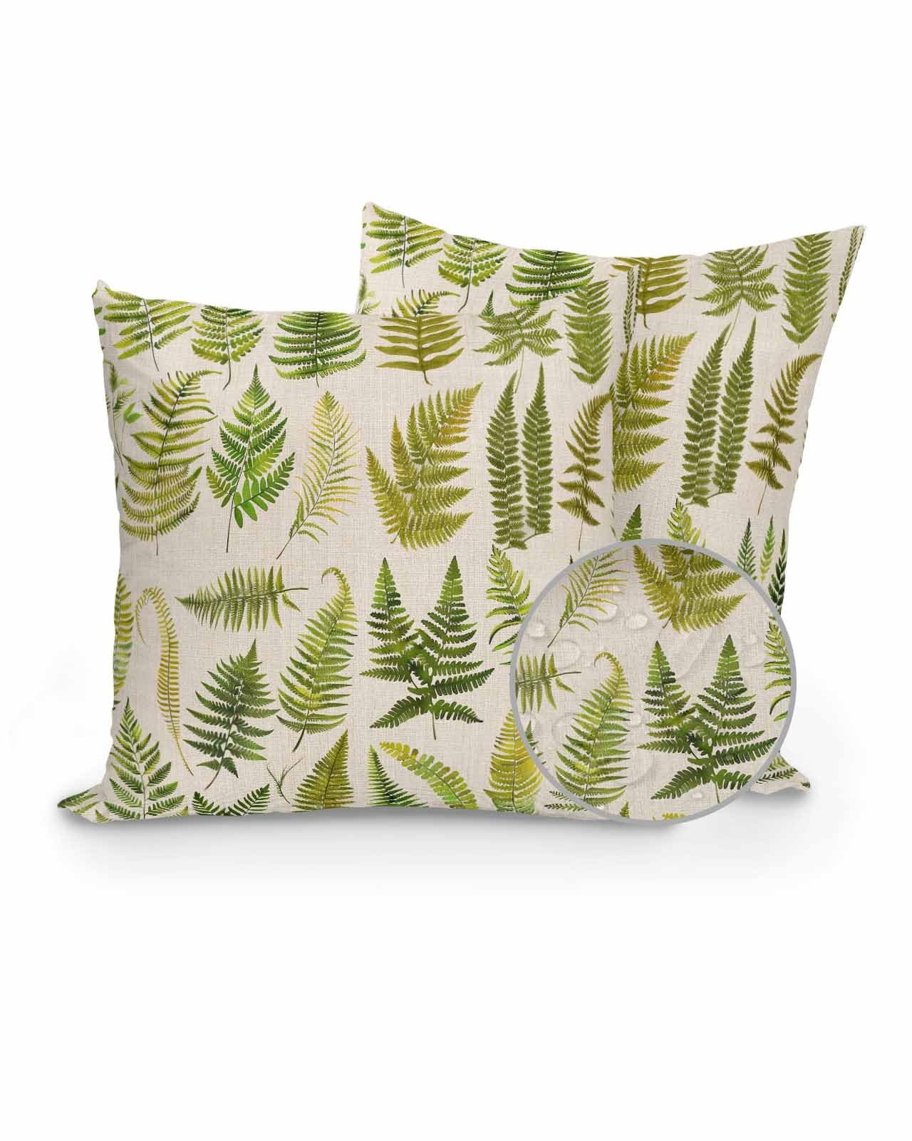 Outdoor Waterproof Throw Pillows Summer Wild Ferns Green Plants Patio Pillows Pack of 2,Pillow Covers with Insert,Pillow Cushion Case for Garden Couch Sofa Decor Watercolor Botanical Leaf on Burlap