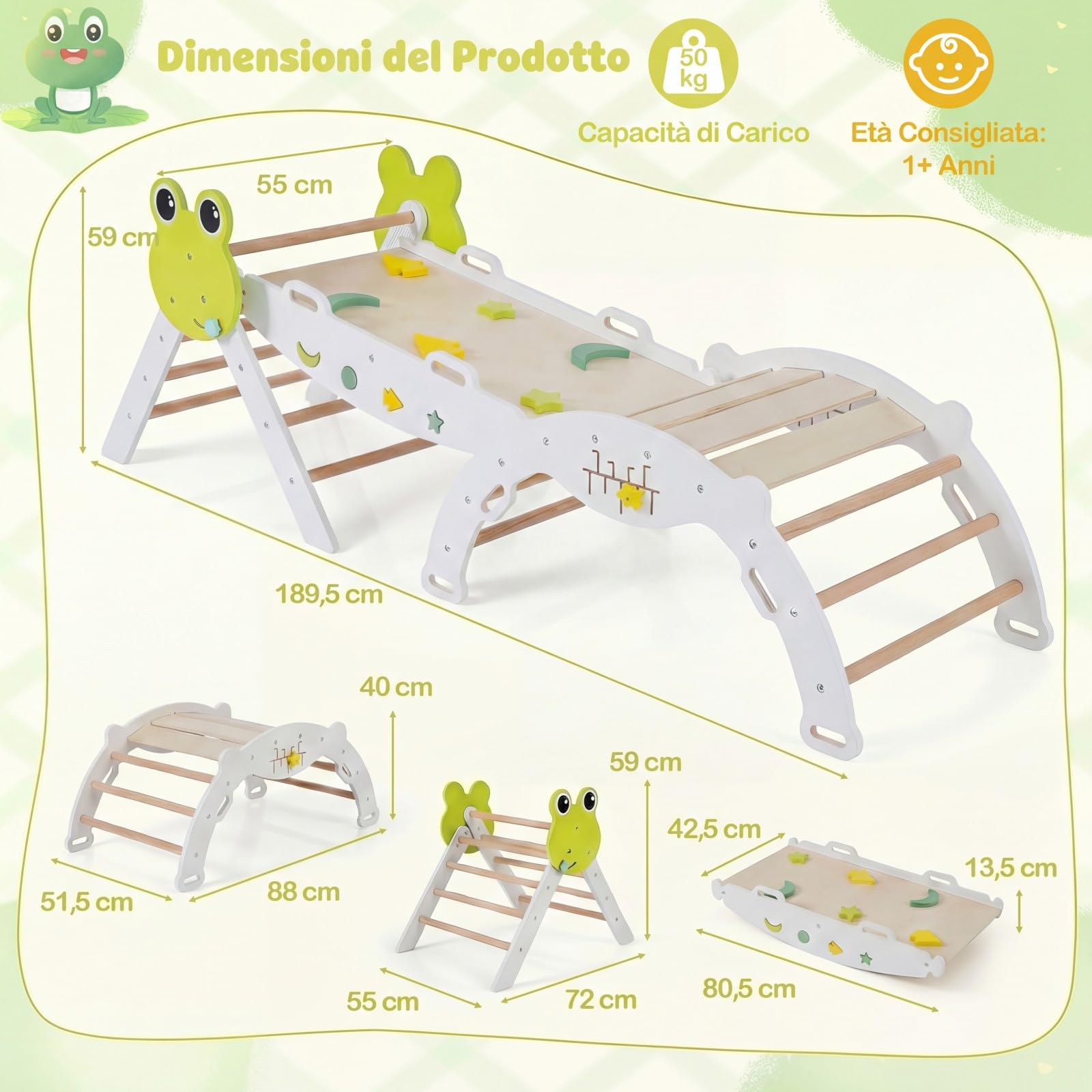 RELAX4LIFE Set da Arrampicata per Bambini, Triangolo di Arrampicata con Scivolo e Arco, Gioco di Incastri in Legno, Gioco Montessori per Bambini 1+ Anni (Rana-3 Pezzi | Bianco)