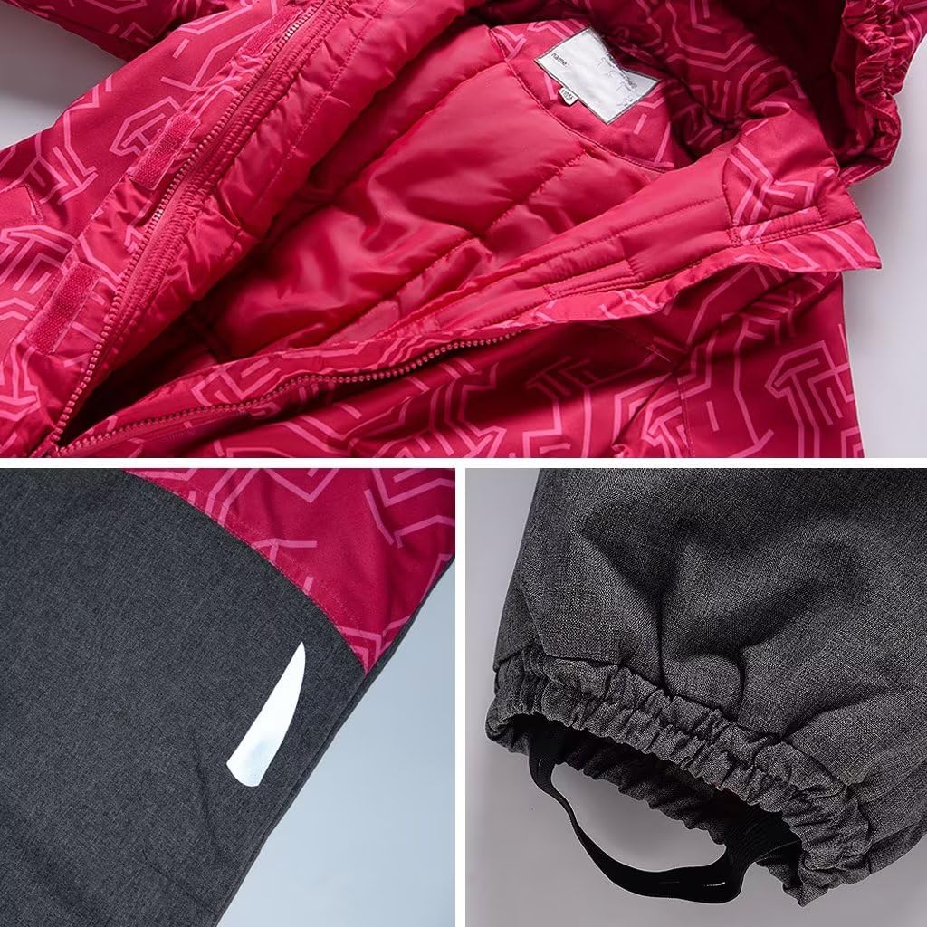 linboo Unisex Kinder Einteiliger Schneeanzüge/Skioverall mit Kapuze Wasserdicht Schneeoverall Verdickte Warm Outdoor Skianzüge Snowboard für Jungen Mädchen