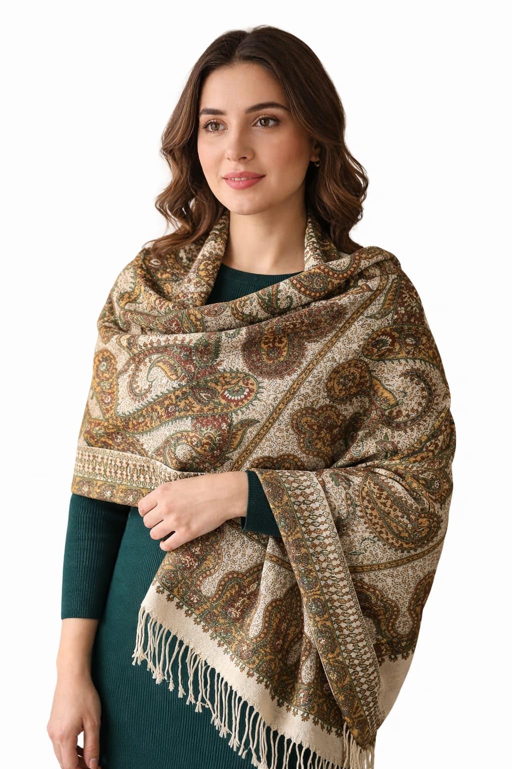 Women’s Kashmiri Heritage Printed Shawl, Soft Lightweight Ethnic Wrap with Traditional Paisley Design, Cozy Winter Stole with Tassel Edges for Party, Travel & Daily Wear-image-16