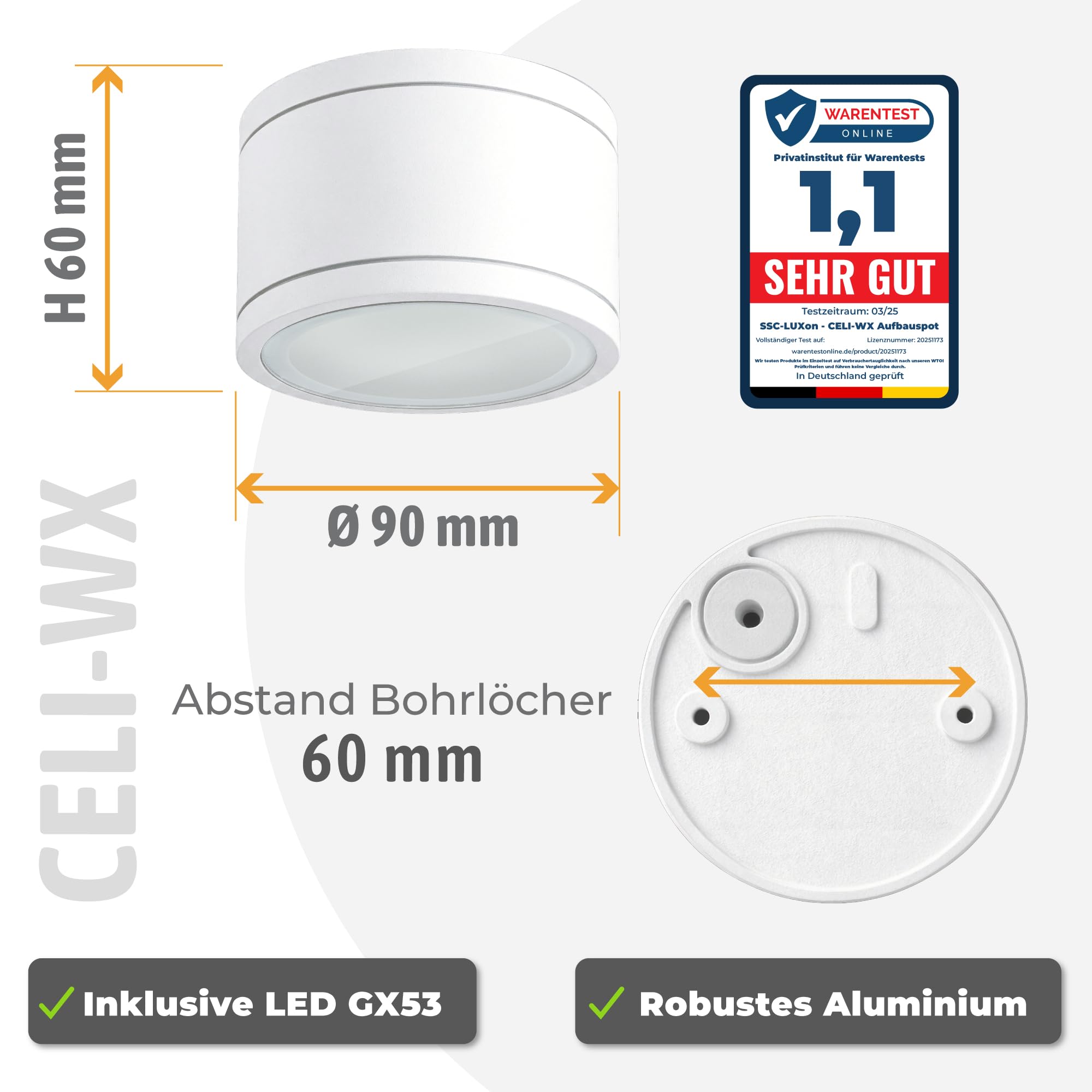 SSC-LUXon 4 Stück CELI-WX Aufbauspots flach IP44 für Außen & Bad mit GX53 LED wechselbar 3W warmweiß - Aufbaustrahler weiß 230V