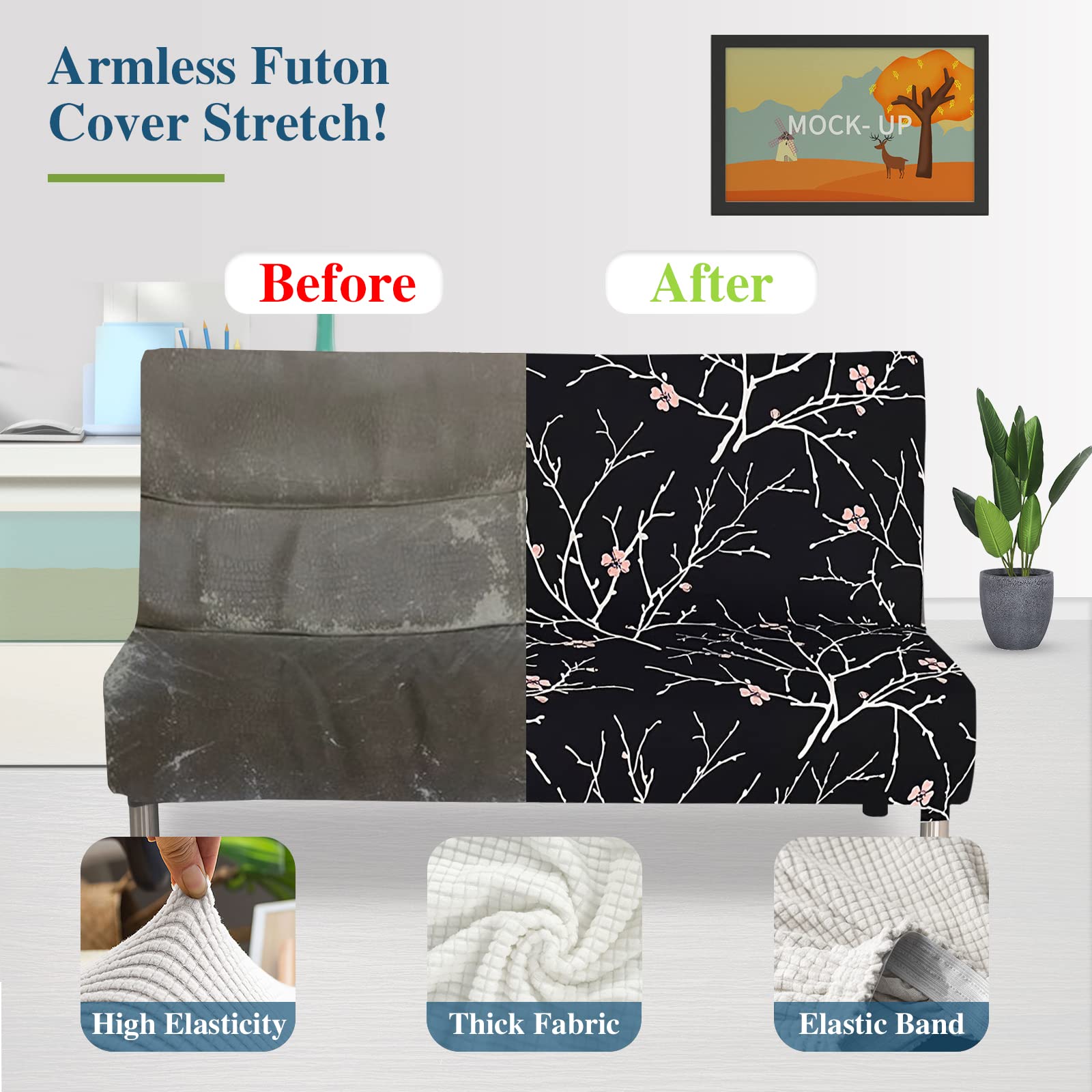 Jaotto Copridivano Clic Clac estensibile a 3 posti, fodera per divano senza braccio, elastica, in spandex, protezione per divano letto universale,Fiore Nero