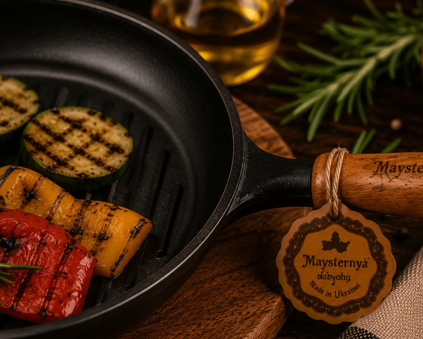 Sartén Grill de Hierro Fundido con Mango de Madera – Ø 24 x 4 cm – Compatible con Inducción – Sartén Universal para Parrilla y Fuego Abierto – Hierro Fundido Robusto – Sin PFAS – Negro