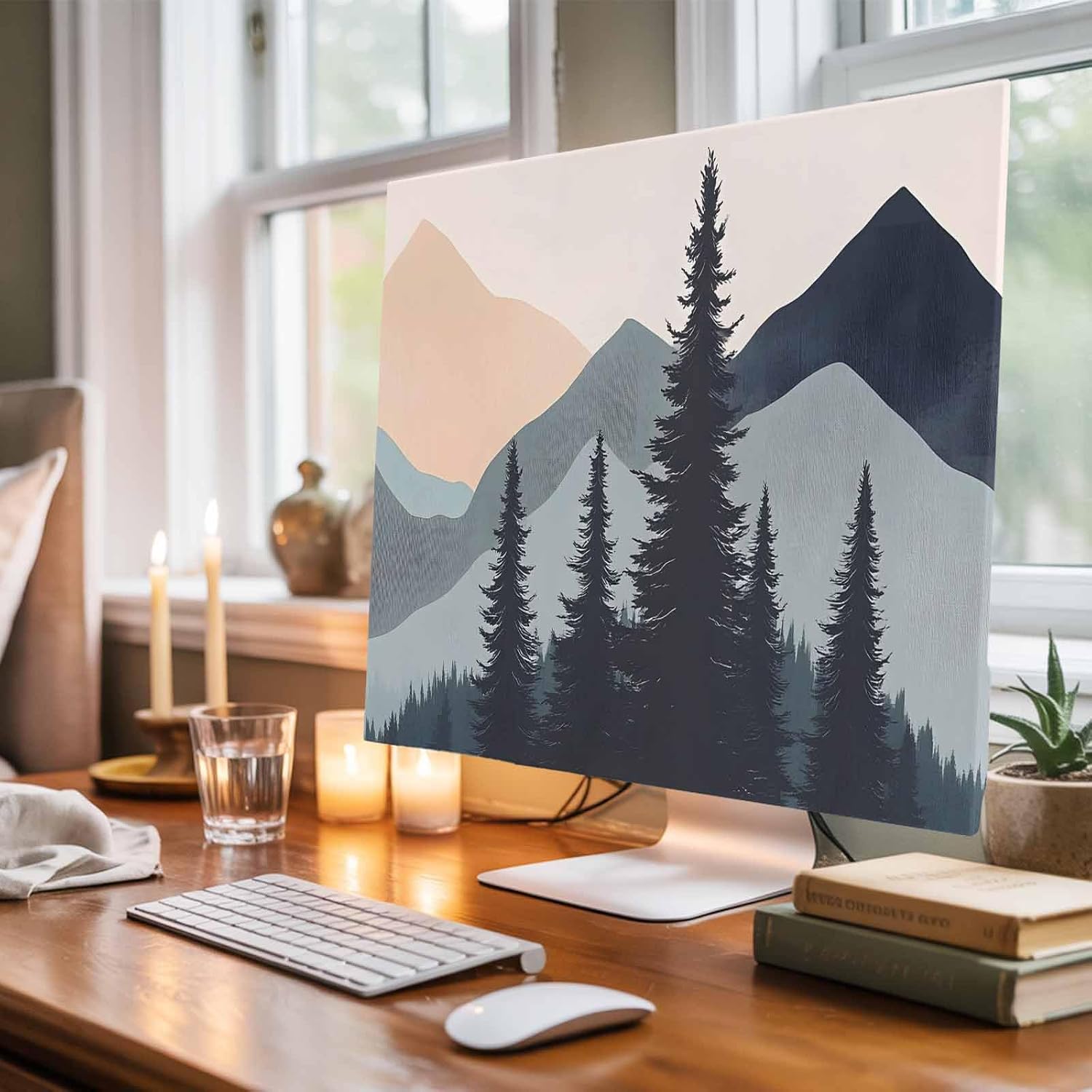 Mountain Forest Indoor TV Cover 65 Inch LCD TV Screen Protector Stretchable Television Dust Cover Nature Tree Scenery Watercolor Pink Blue Dustproof Television Display Protector for LED Desktop Decor